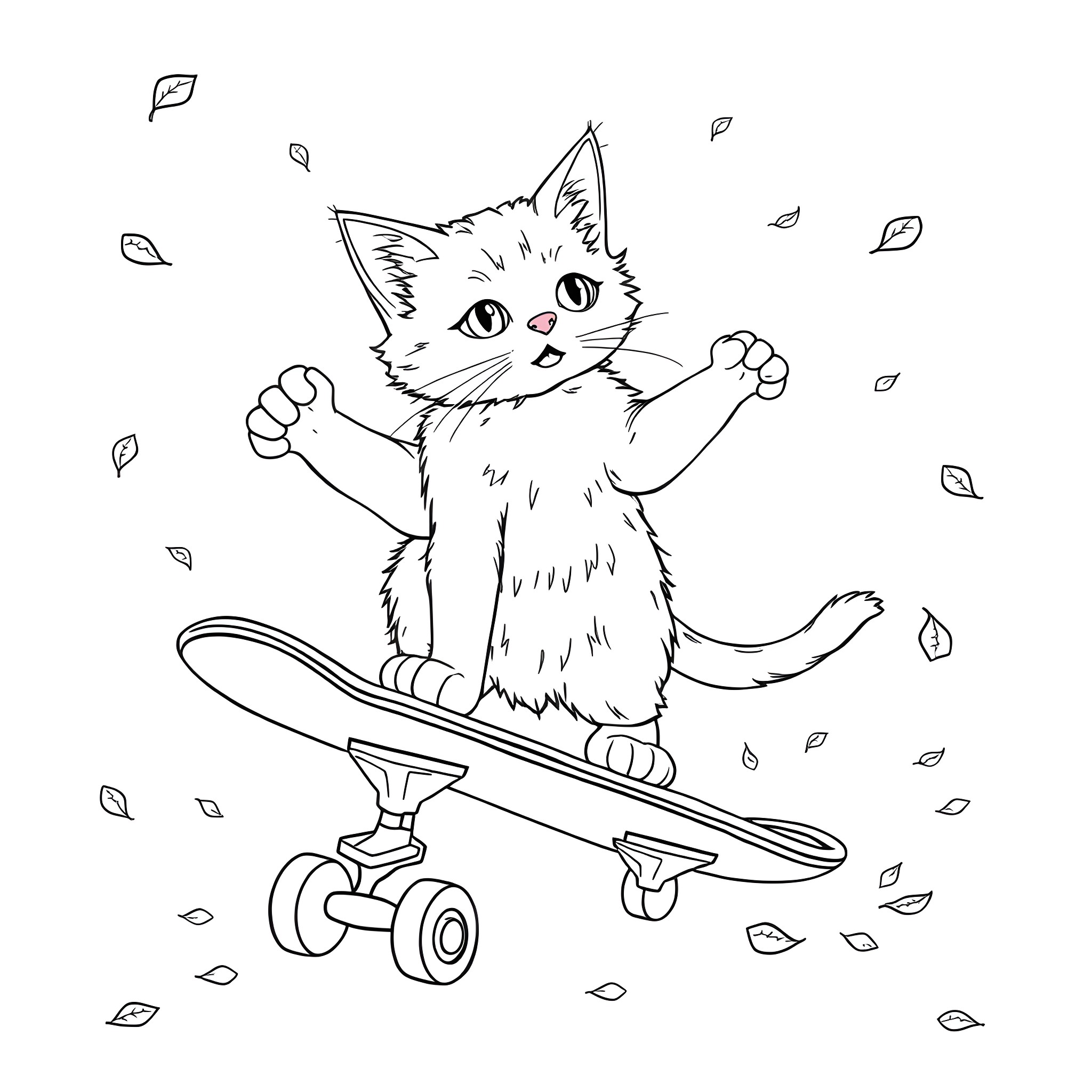 Cat riding skateboard amidst falling leaves Coloring Page (free black-and-white line drawing printable PDF for all, from beginners to advanced learners, including children, teens, adults, and seniors)