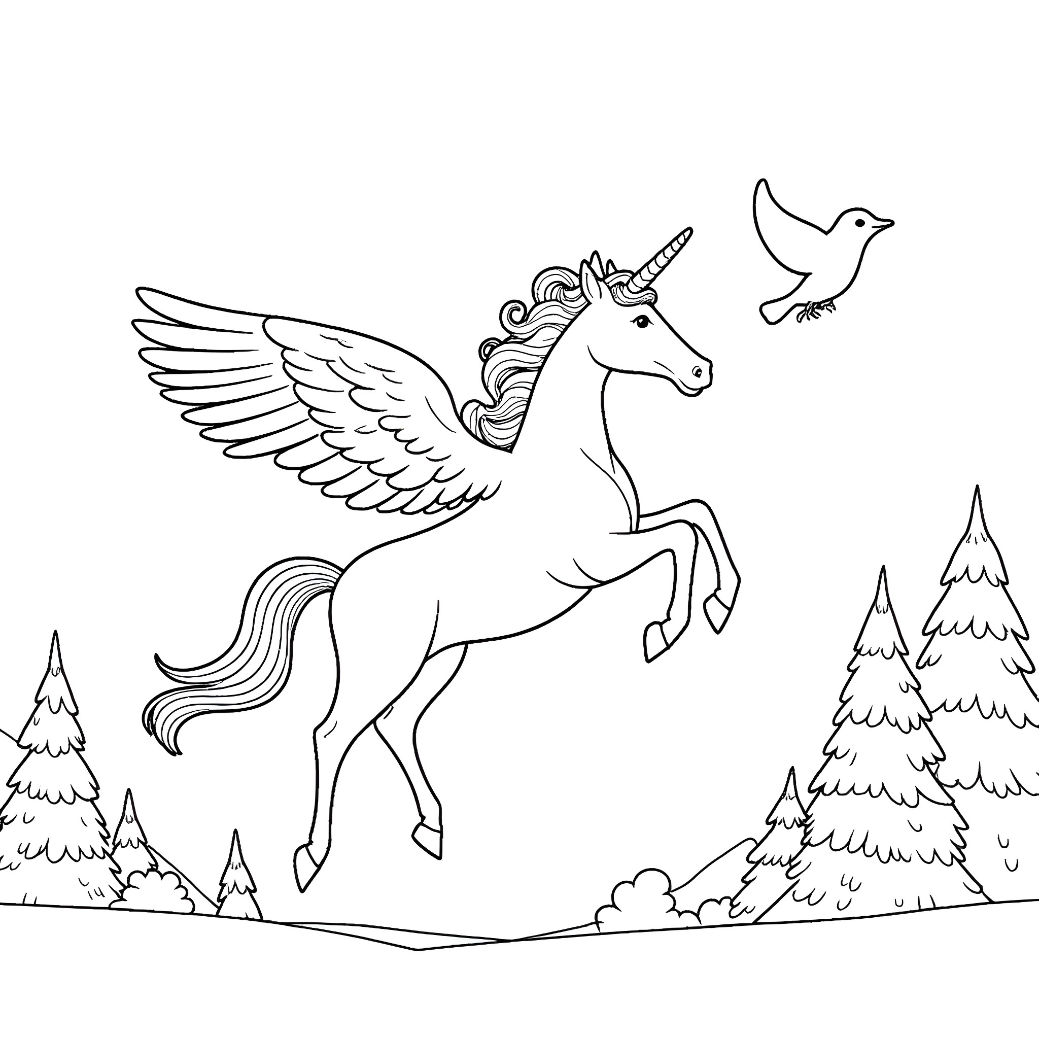 Unicorn with wings soaring over forest Coloring Page (free black-and-white line drawing printable PDF for all, from beginners to advanced learners, including children, teens, adults, and seniors)