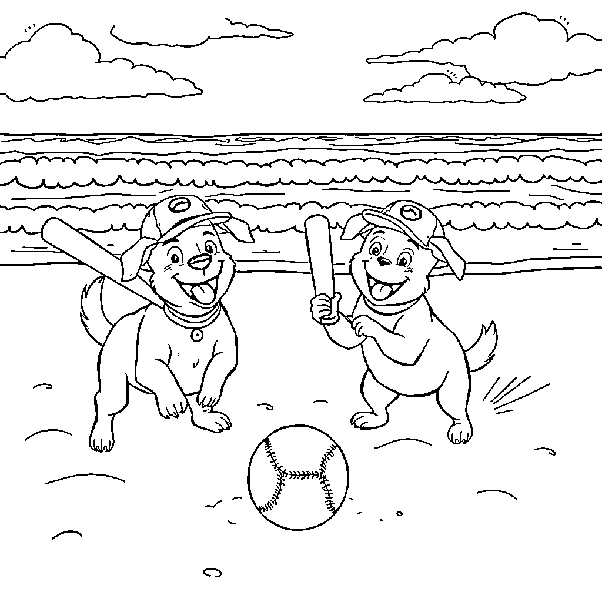 Dogs playing baseball on the beach Coloring Page (free black-and-white line drawing printable PDF for all, from beginners to advanced learners, including children, teens, adults, and seniors)