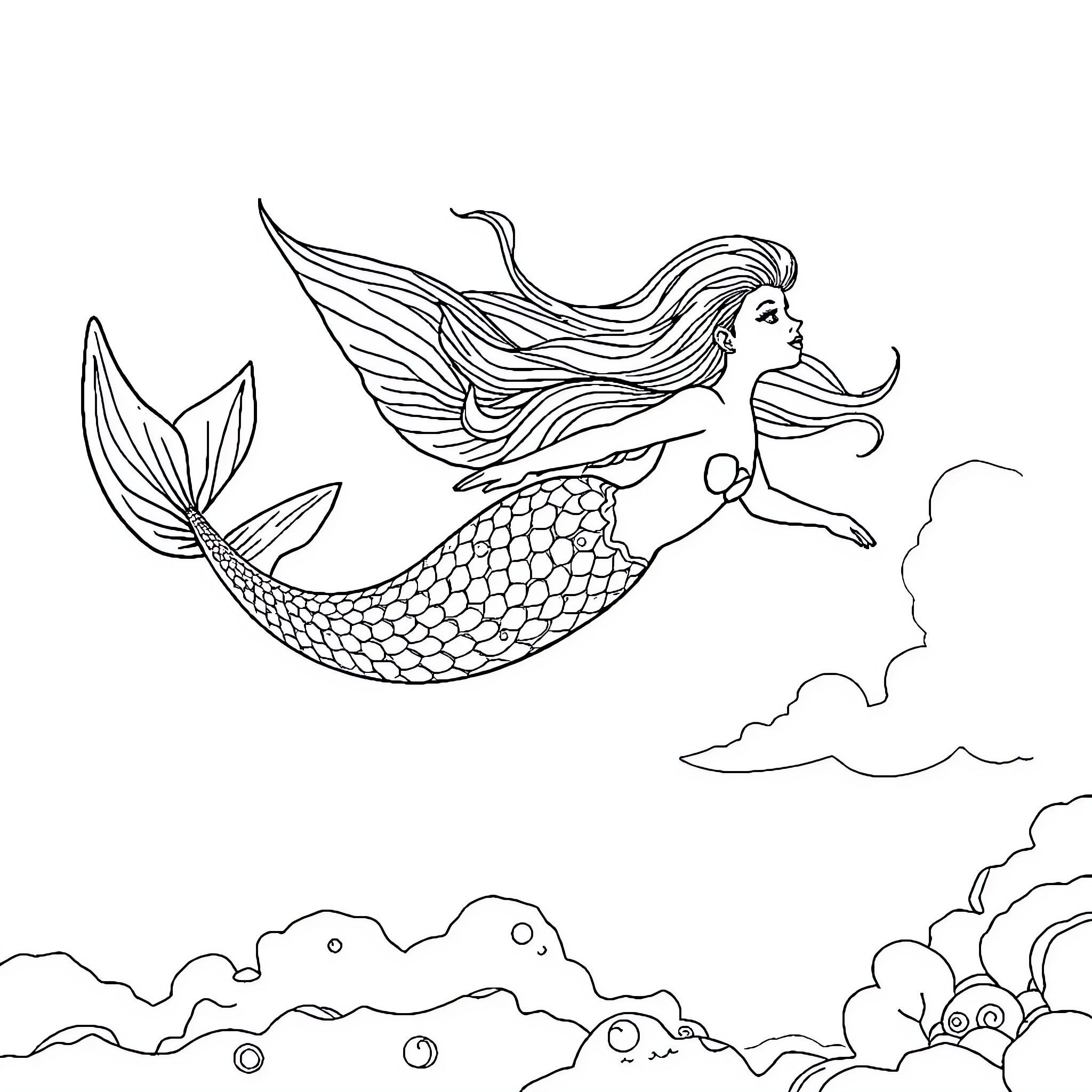 Mermaid swimming gracefully through the clouds Coloring Page (free black-and-white line drawing printable PDF for all, from beginners to advanced learners, including children, teens, adults, and seniors)