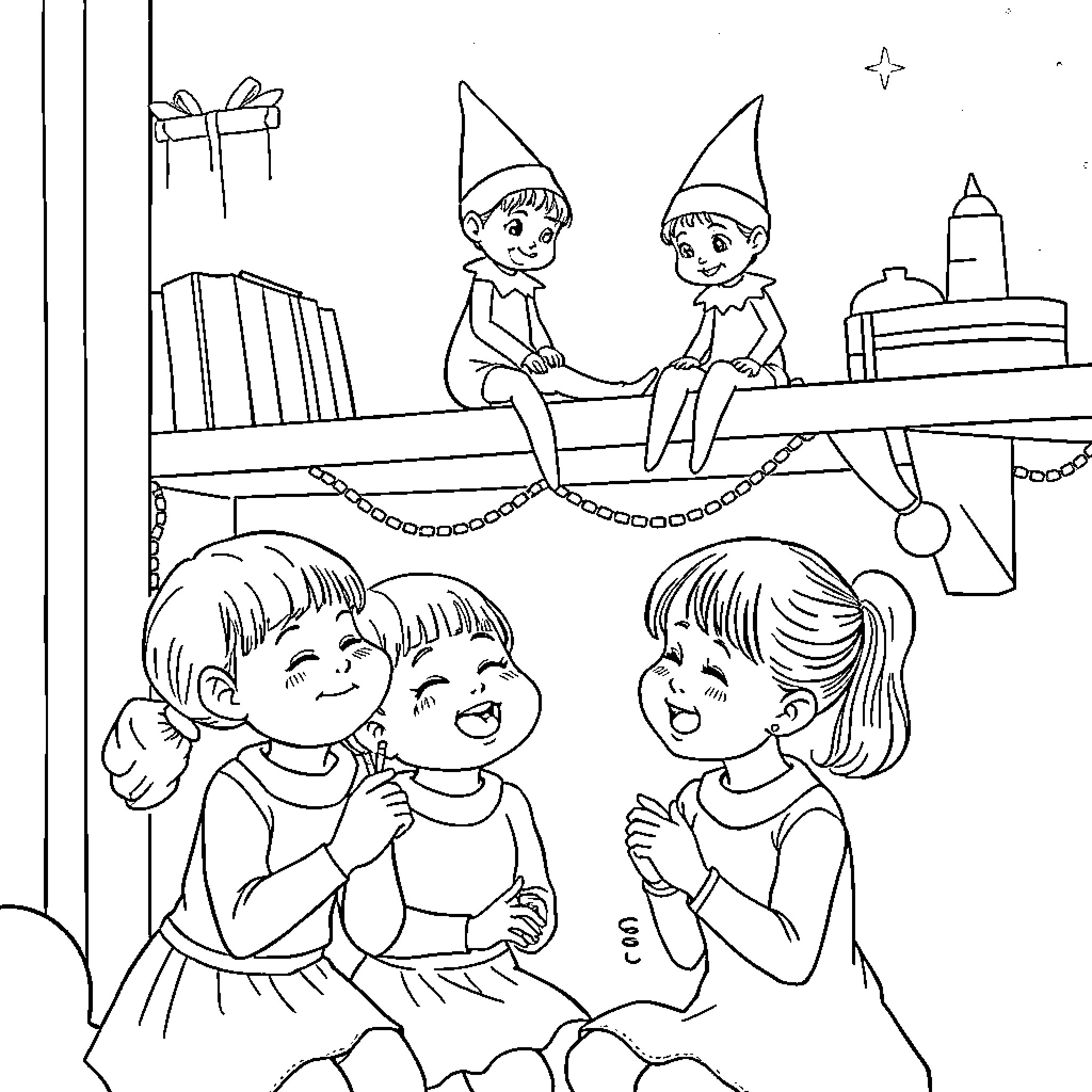 Elf friends having fun together Coloring Page (free black-and-white line drawing printable PDF for all, from beginners to advanced learners, including children, teens, adults, and seniors)