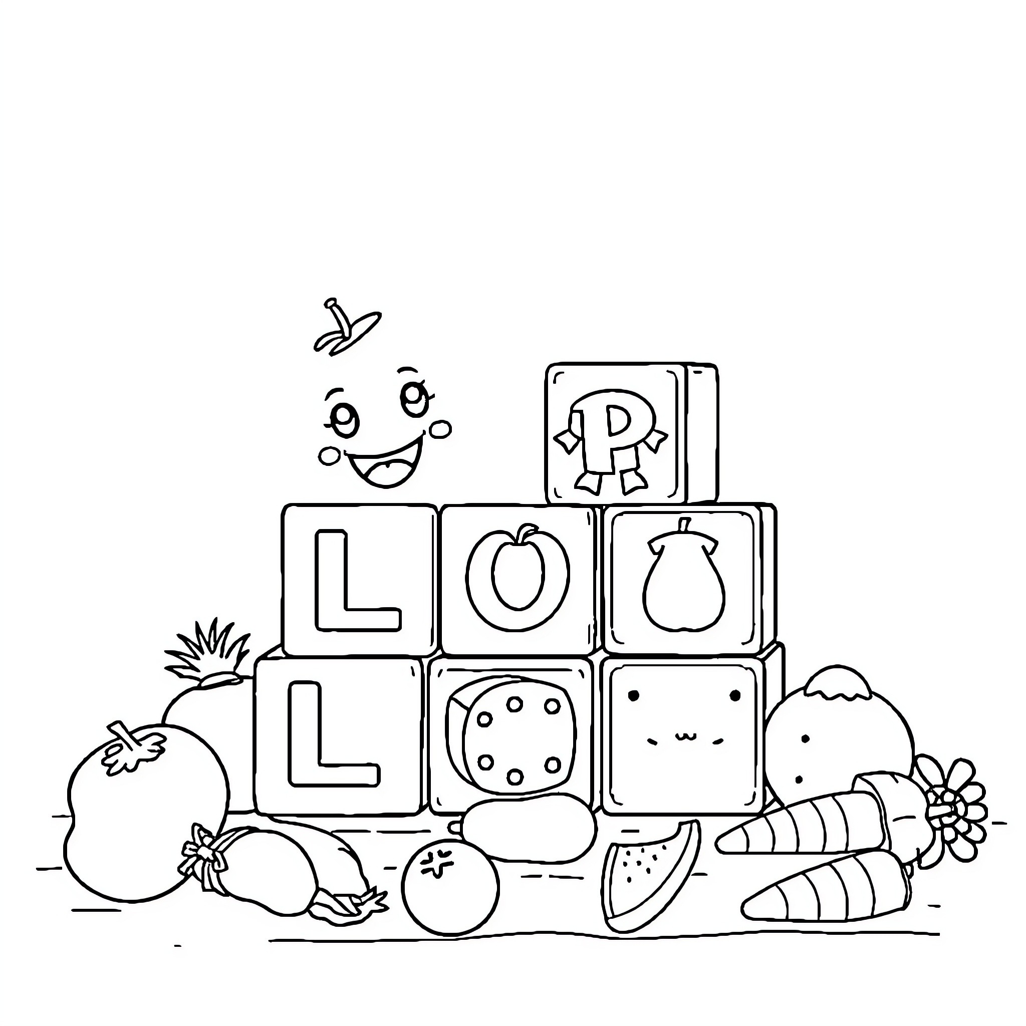 Number of Cute Toys and Vegetables Displayed Coloring Page (free black-and-white line drawing printable PDF for all, from beginners to advanced learners, including children, teens, adults, and seniors)