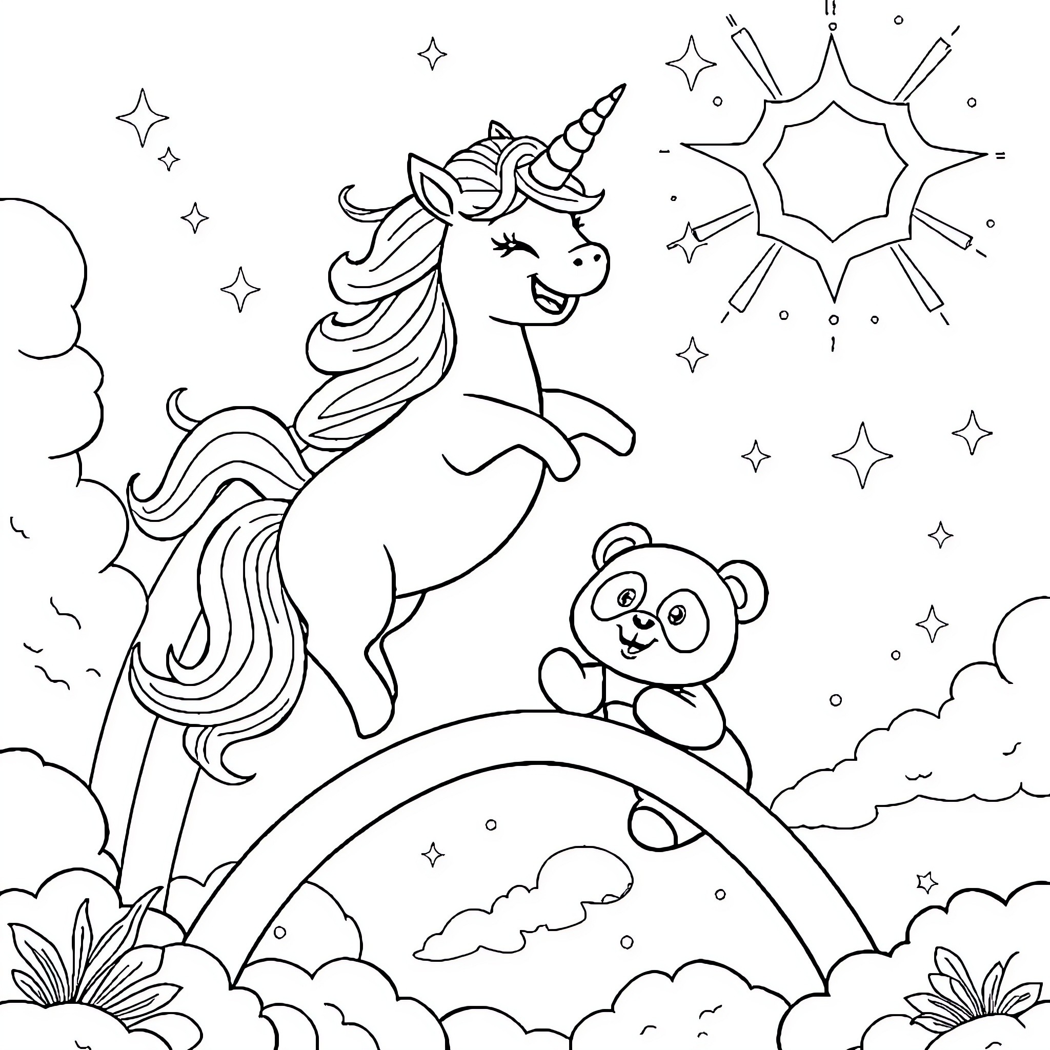 Unicorn dancing joyfully with a panda under the starry sky Coloring Page (free black-and-white line drawing printable PDF for all, from beginners to advanced learners, including children, teens, adults, and seniors)