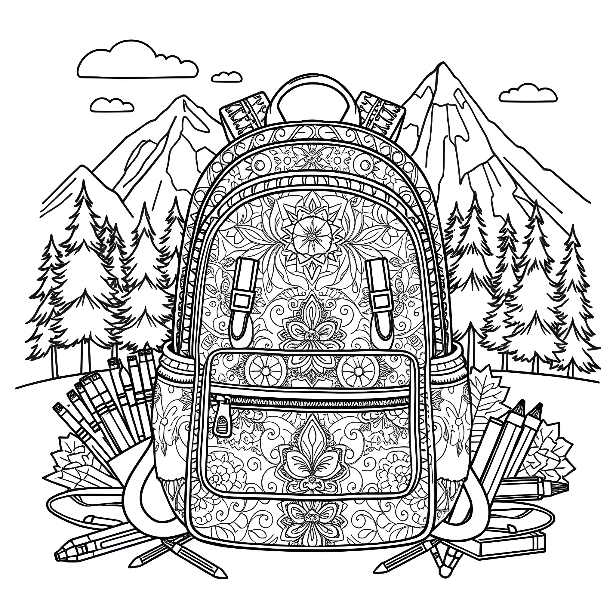 Yang's Backpack Adventure in the Mountains Coloring Page (free black-and-white line drawing printable PDF for all, from beginners to advanced learners, including children, teens, adults, and seniors)