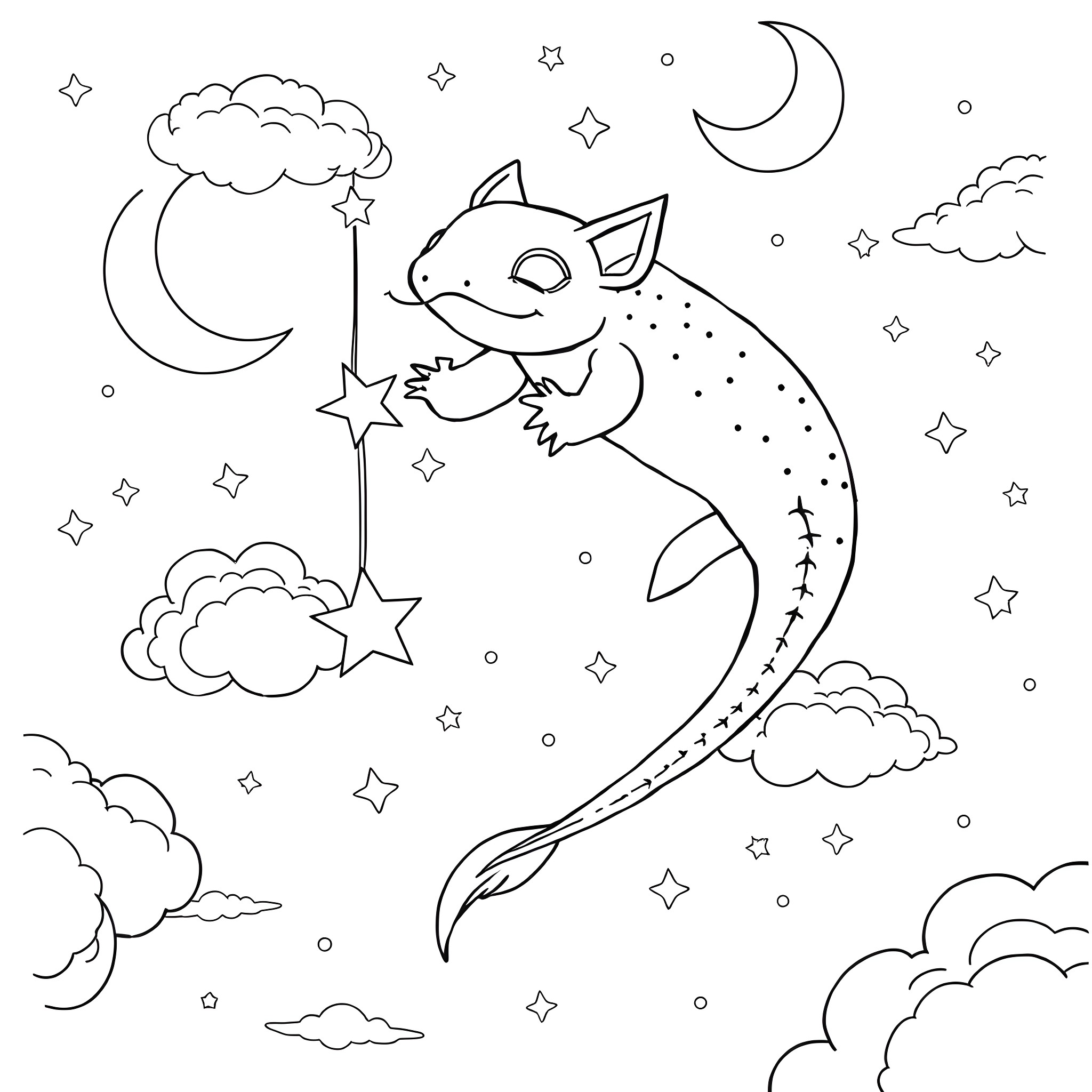 Axolotl playing with stars in the night sky Coloring Page (free black-and-white line drawing printable PDF for all, from beginners to advanced learners, including children, teens, adults, and seniors)