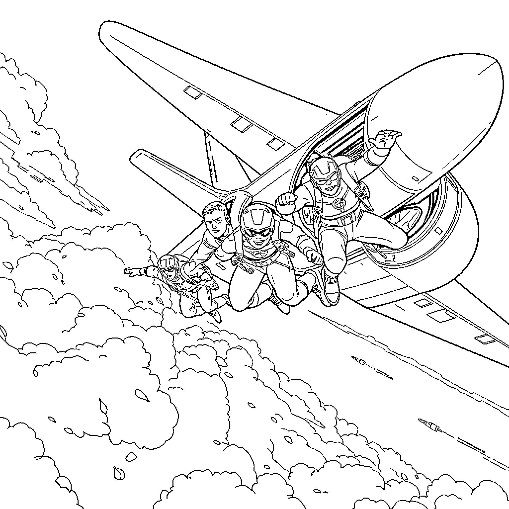 Avengers assembling for heroic mission in the sky Coloring Page (free black-and-white line drawing printable PDF for all, from beginners to advanced learners, including children, teens, adults, and seniors)