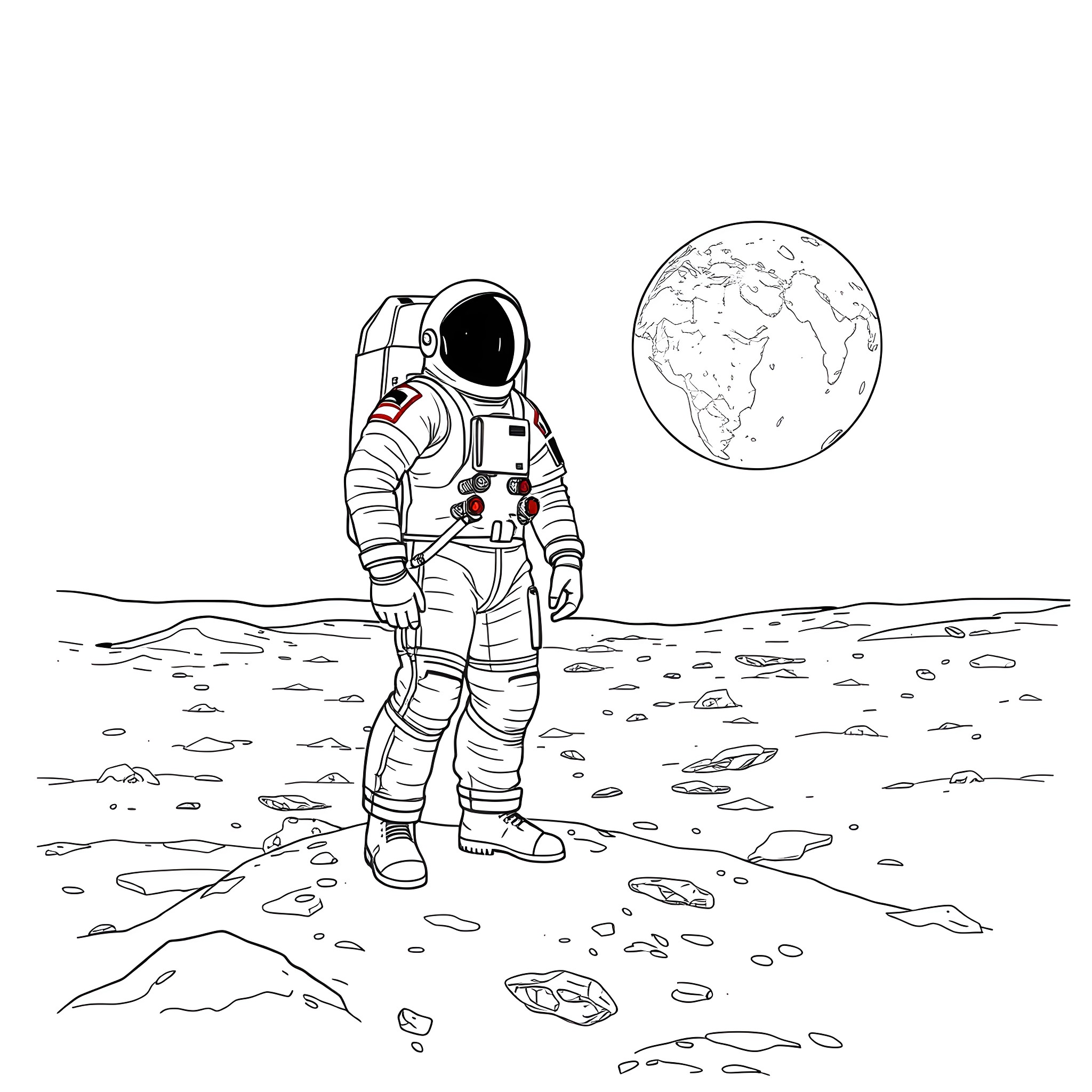 Major Matt Mason exploring the lunar surface Coloring Page (free black-and-white line drawing printable PDF for all, from beginners to advanced learners, including children, teens, adults, and seniors)