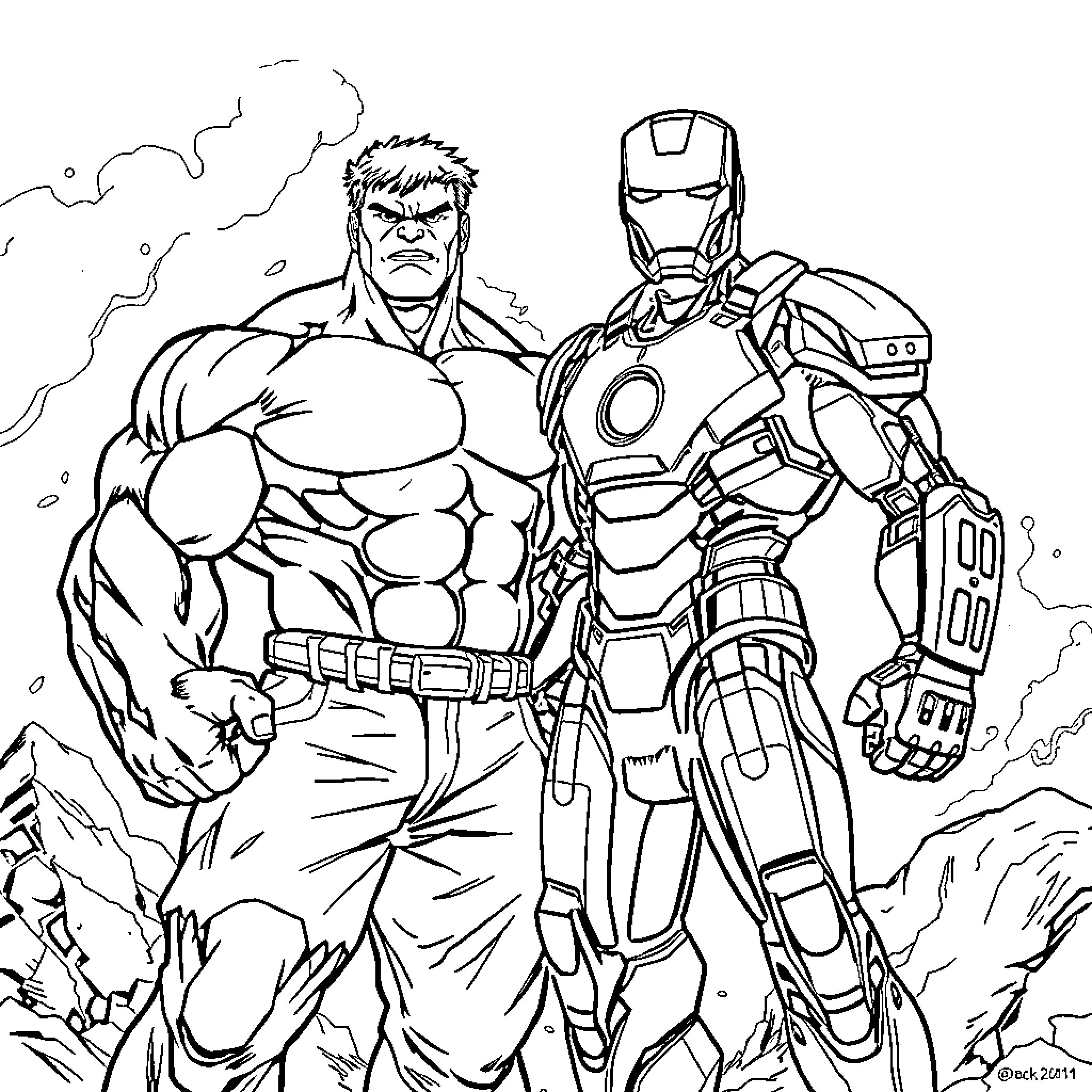 Hulk and Iron Man confront a challenge together Coloring Page (free black-and-white line drawing printable PDF for all, from beginners to advanced learners, including children, teens, adults, and seniors)