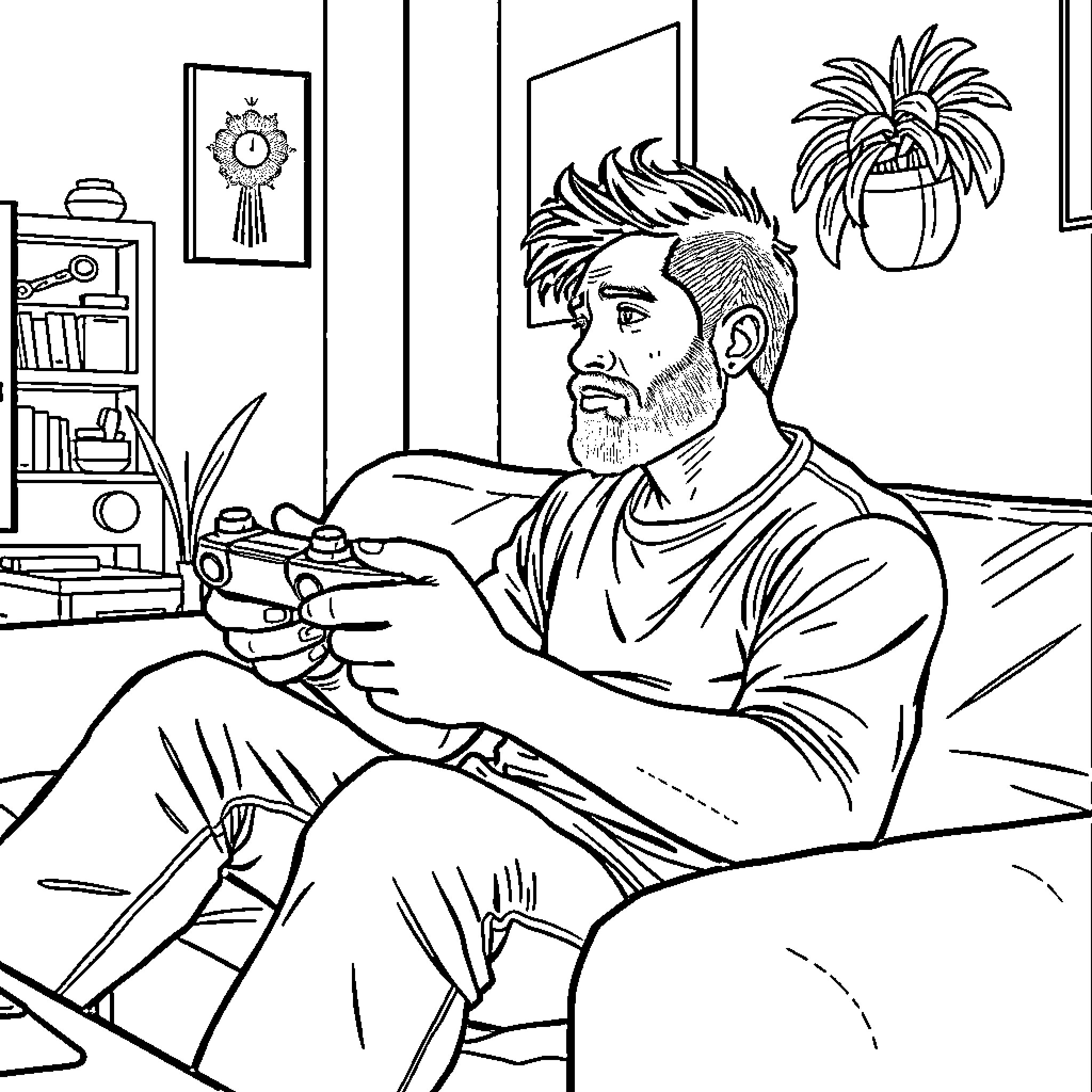 Mexican man playing video game on couch Coloring Page (free black-and-white line drawing printable PDF for all, from beginners to advanced learners, including children, teens, adults, and seniors)