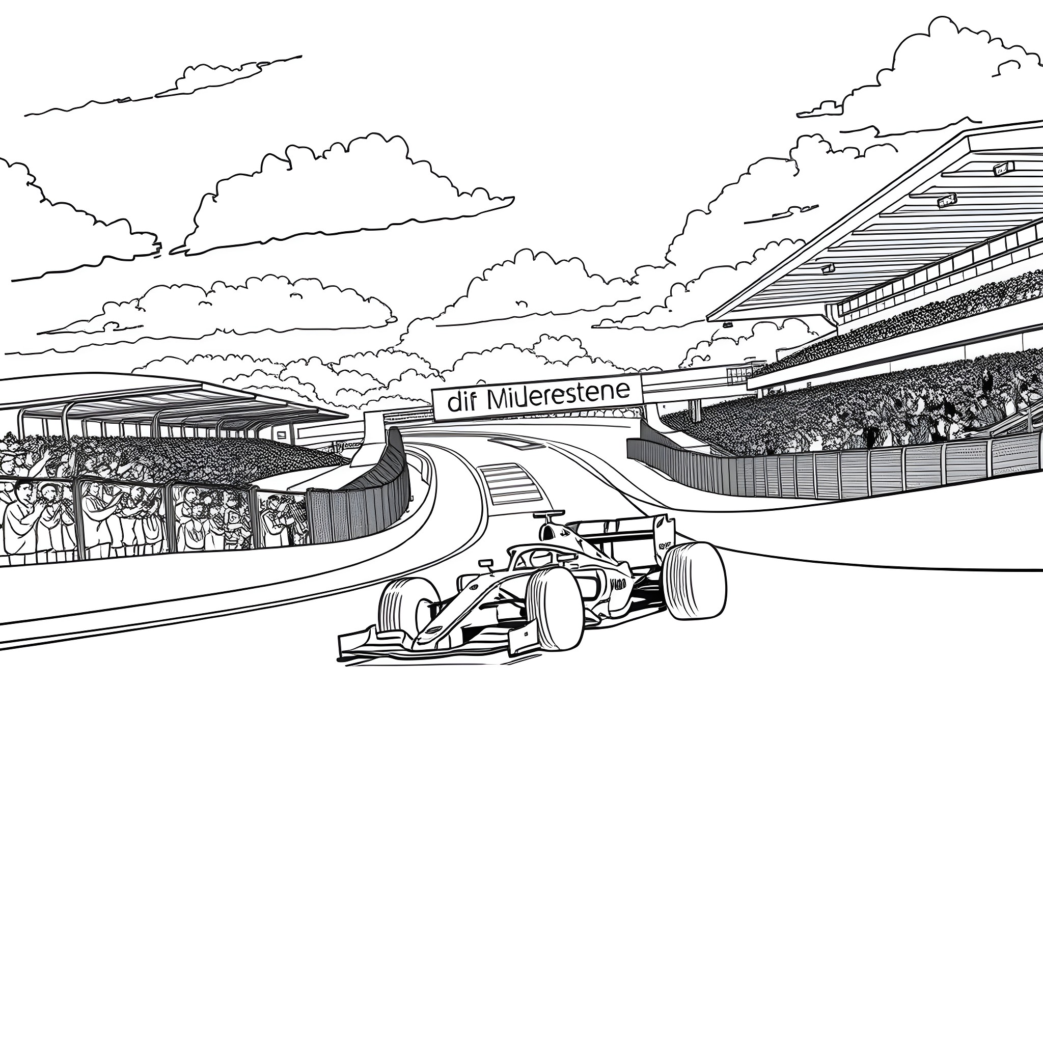 F1 Car racing on circuit with spectators Coloring Page (free black-and-white line drawing printable PDF for all, from beginners to advanced learners, including children, teens, adults, and seniors)