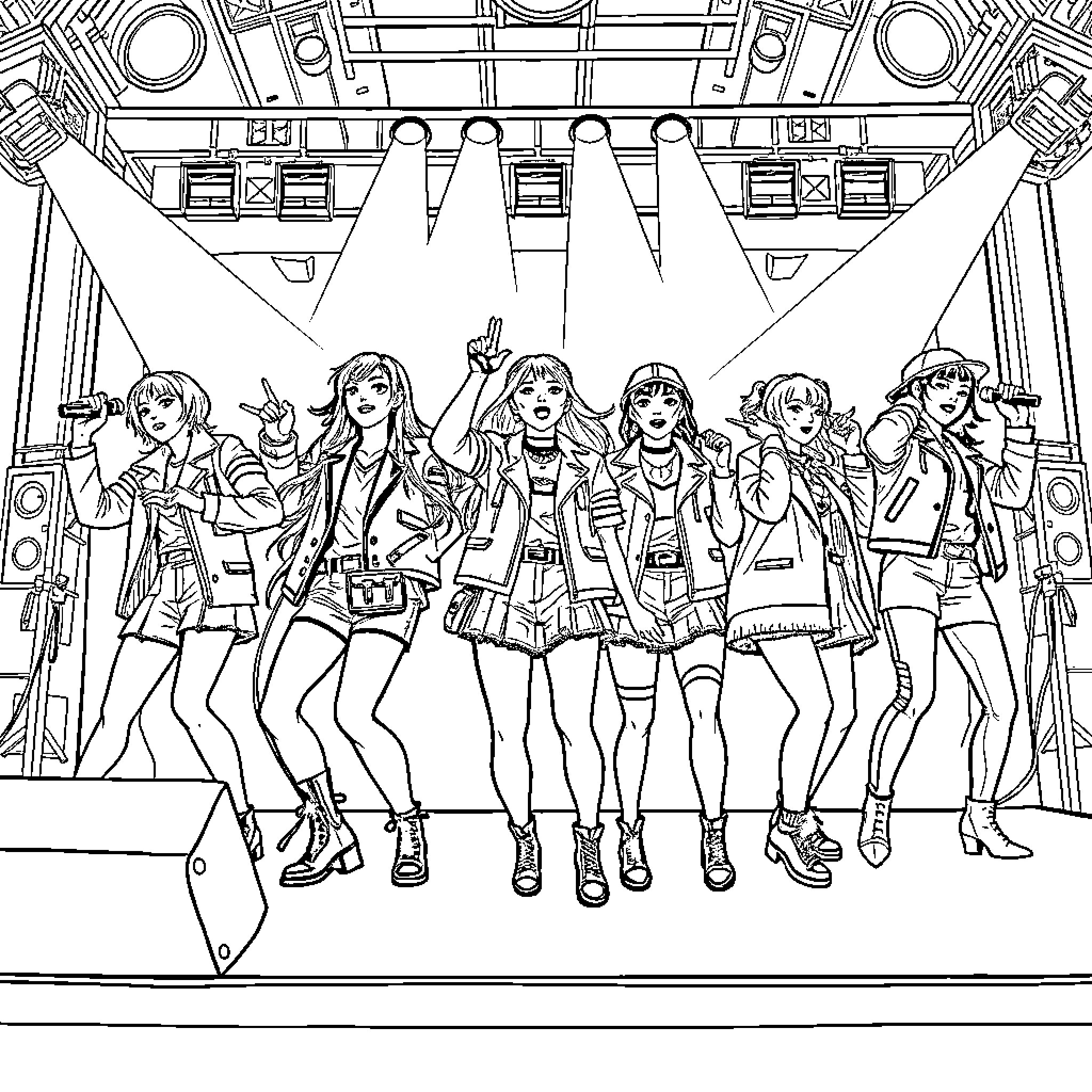 Hunter Girls Rocking the Stage Coloring Page (free black-and-white line drawing printable PDF for all, from beginners to advanced learners, including children, teens, adults, and seniors)