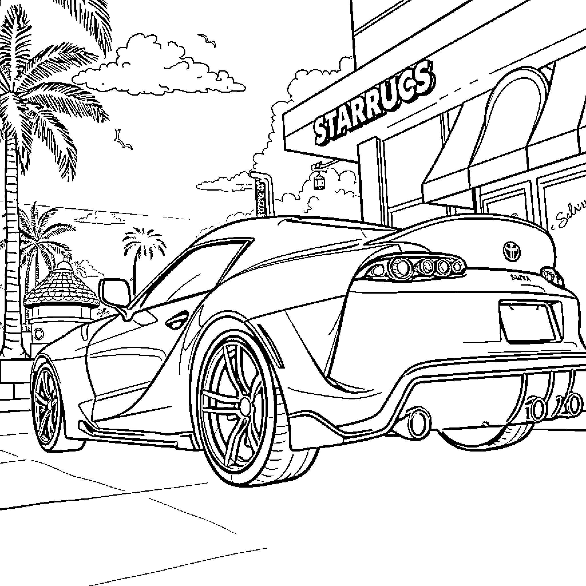 Toyota Supra parked at tropical Starbucks cafe Coloring Page (free black-and-white line drawing printable PDF for all, from beginners to advanced learners, including children, teens, adults, and seniors)