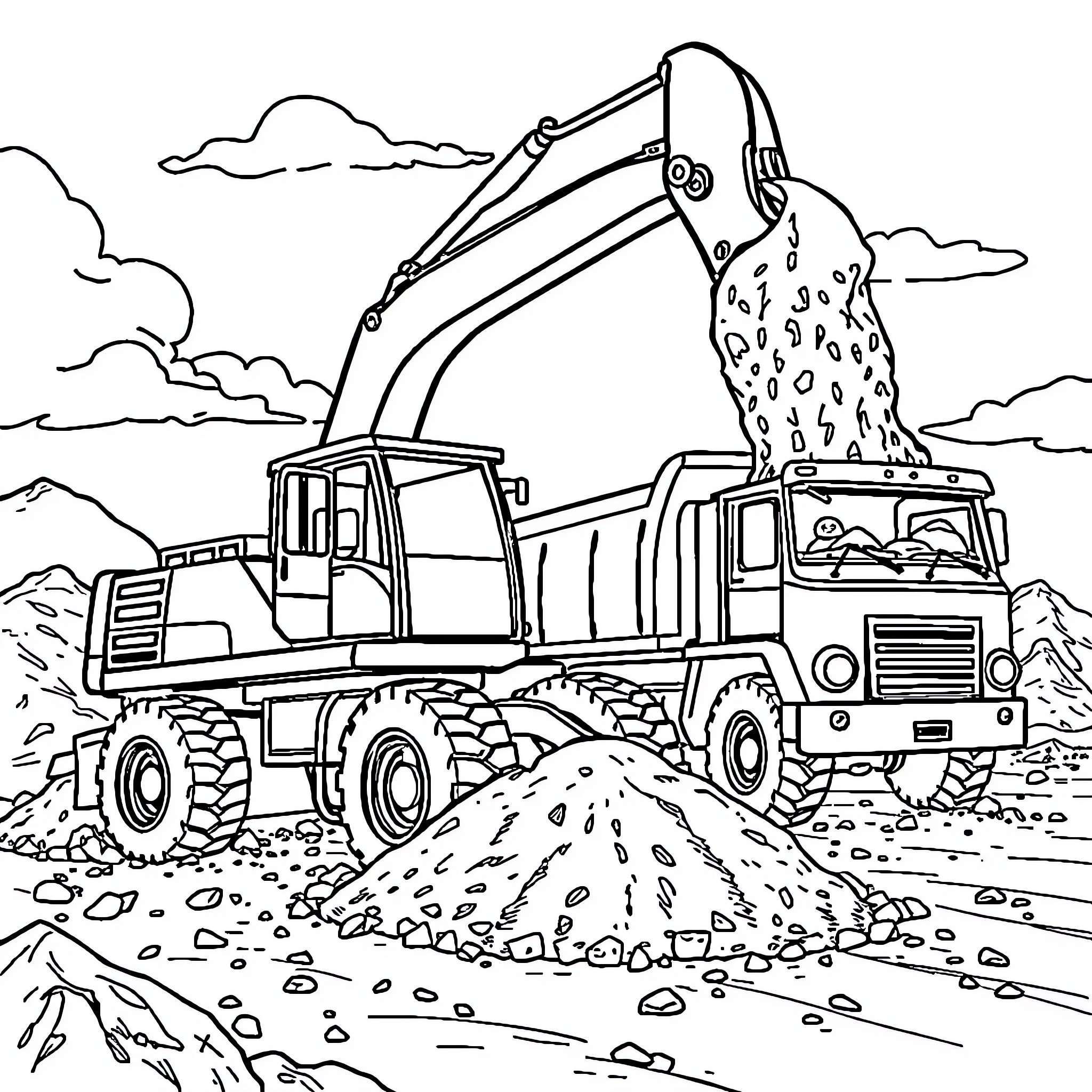 Excavator moving gravel and debris on construction site Coloring Page (free black-and-white line drawing printable PDF for all, from beginners to advanced learners, including children, teens, adults, and seniors)