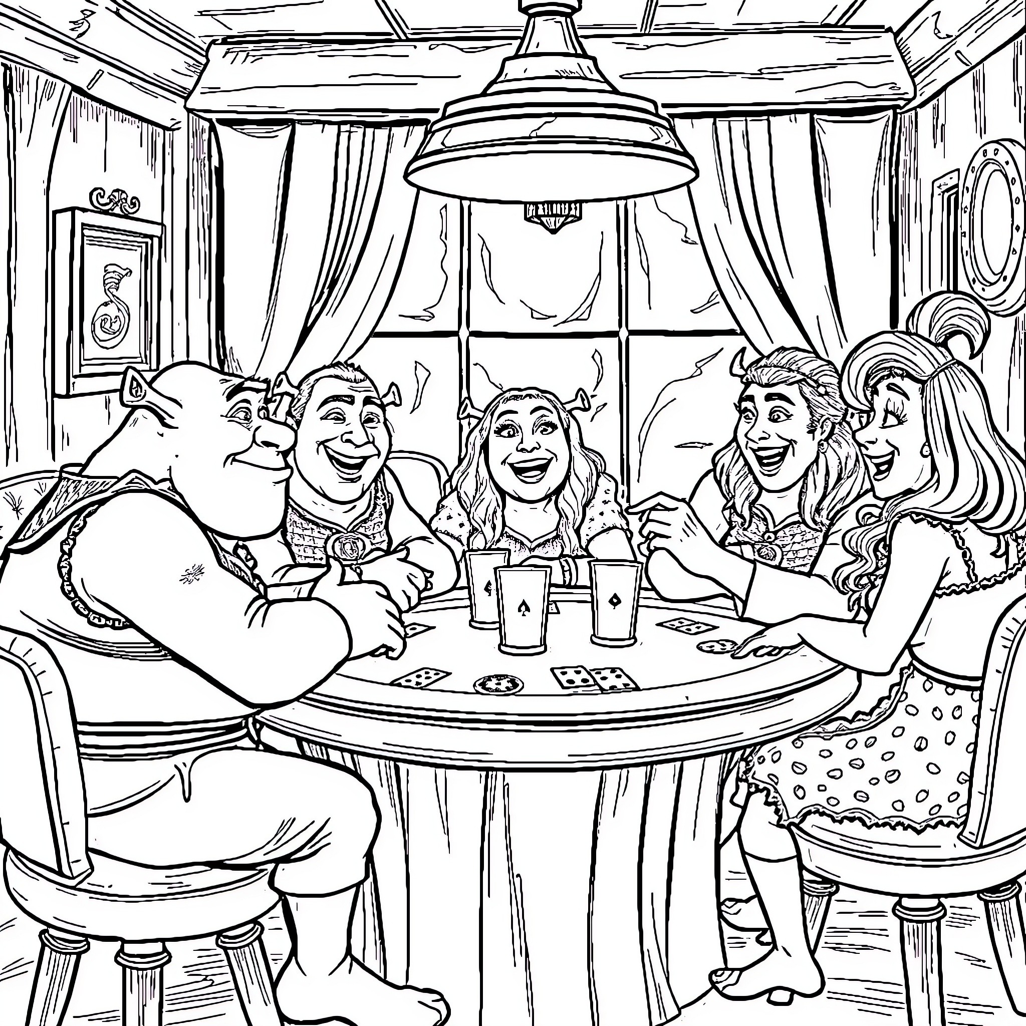 Shrek and friends enjoying a lively gathering Coloring Page (free black-and-white line drawing printable PDF for all, from beginners to advanced learners, including children, teens, adults, and seniors)