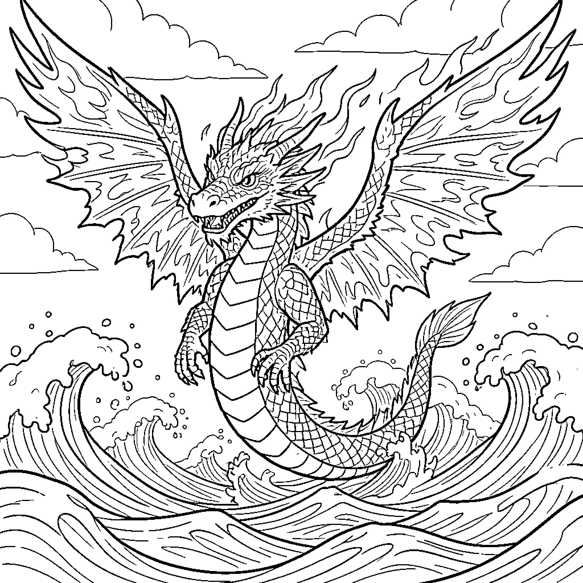 Dragon Soaring Through Stormy Skies Coloring Page (free black-and-white line drawing printable PDF for all, from beginners to advanced learners, including children, teens, adults, and seniors)