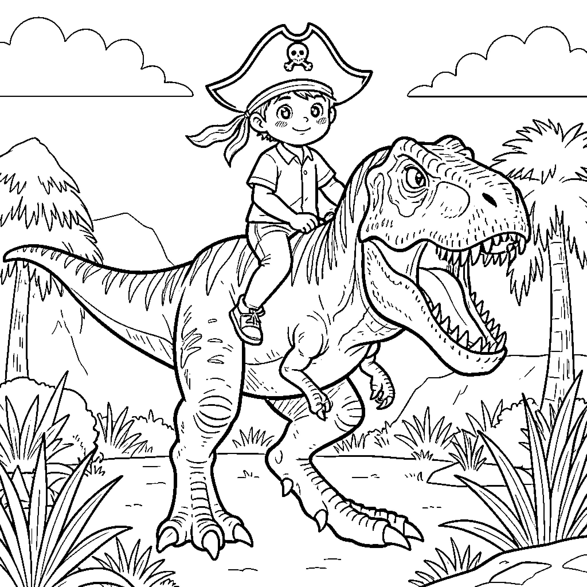 Niño wearing a pirate hat riding a dinosaur Coloring Page (free black-and-white line drawing printable PDF for all, from beginners to advanced learners, including children, teens, adults, and seniors)