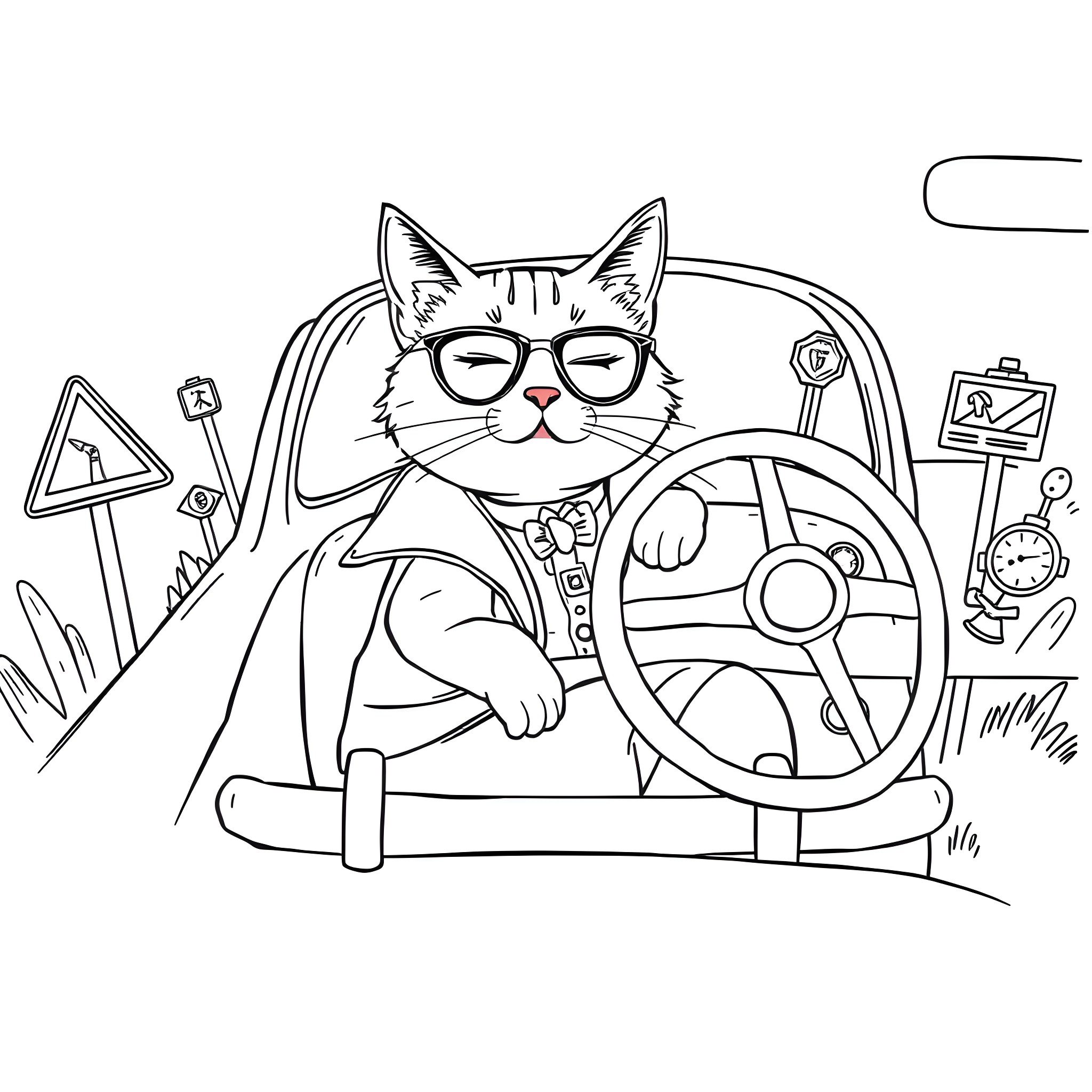 Cat driving an automobile with safety gear Coloring Page (free black-and-white line drawing printable PDF for all, from beginners to advanced learners, including children, teens, adults, and seniors)