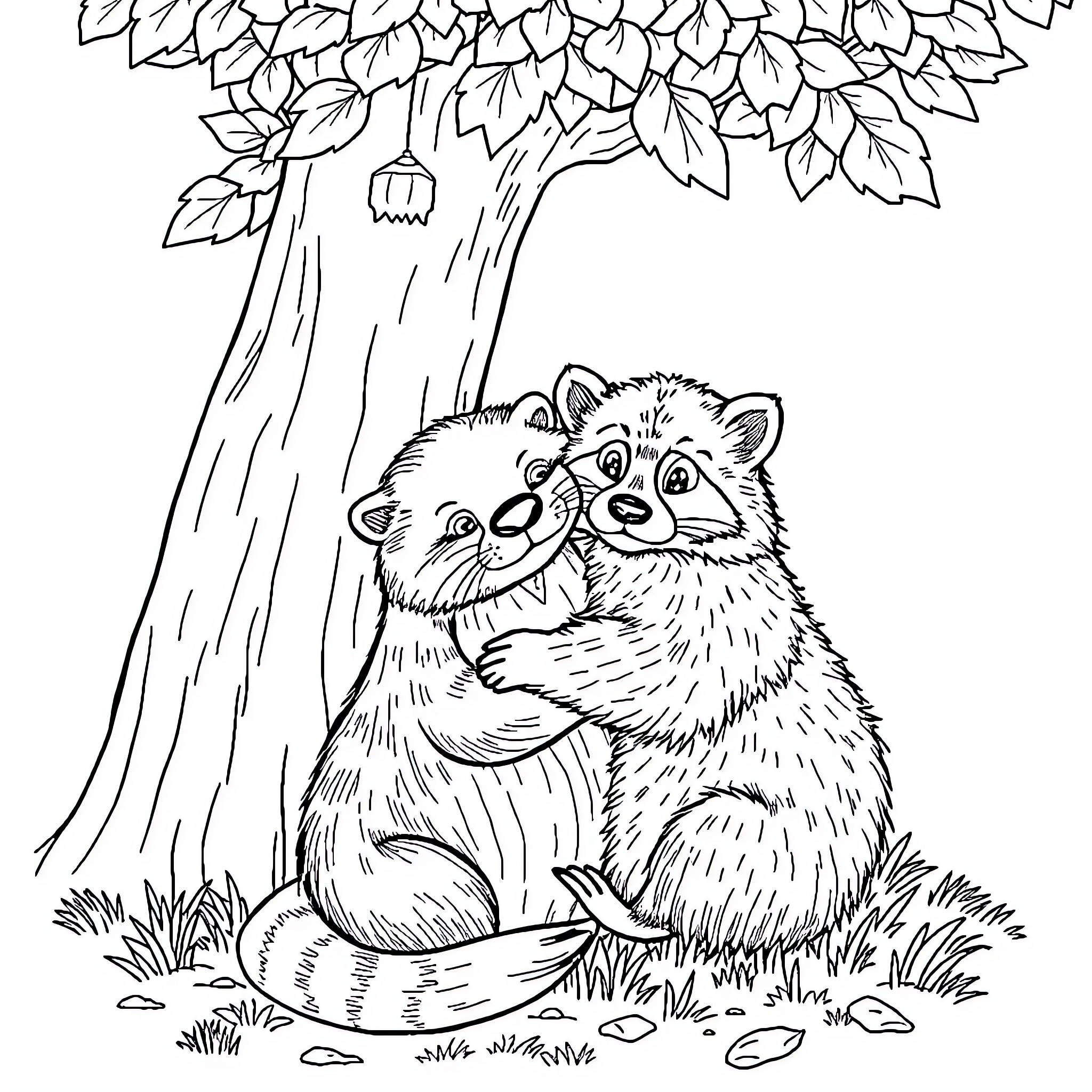 Otter siblings playing under a tree Coloring Page (free black-and-white line drawing printable PDF for all, from beginners to advanced learners, including children, teens, adults, and seniors)