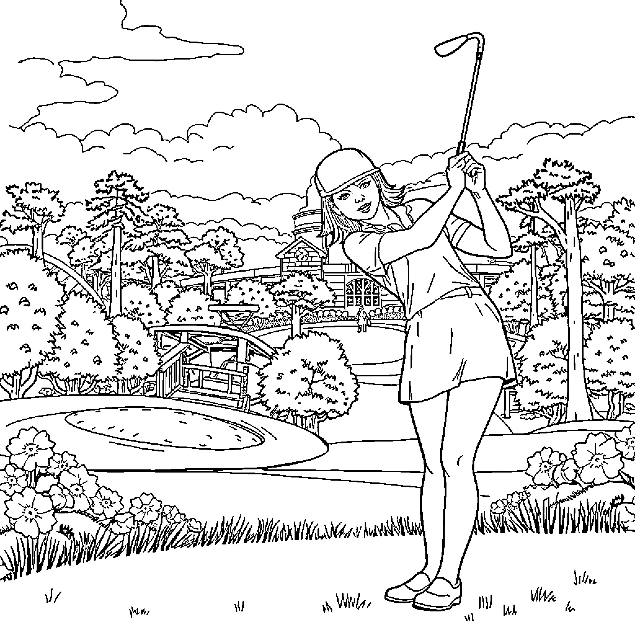 Taylor Swift enjoying a day of golfing in a scenic garden Coloring Page (free black-and-white line drawing printable PDF for all, from beginners to advanced learners, including children, teens, adults, and seniors)