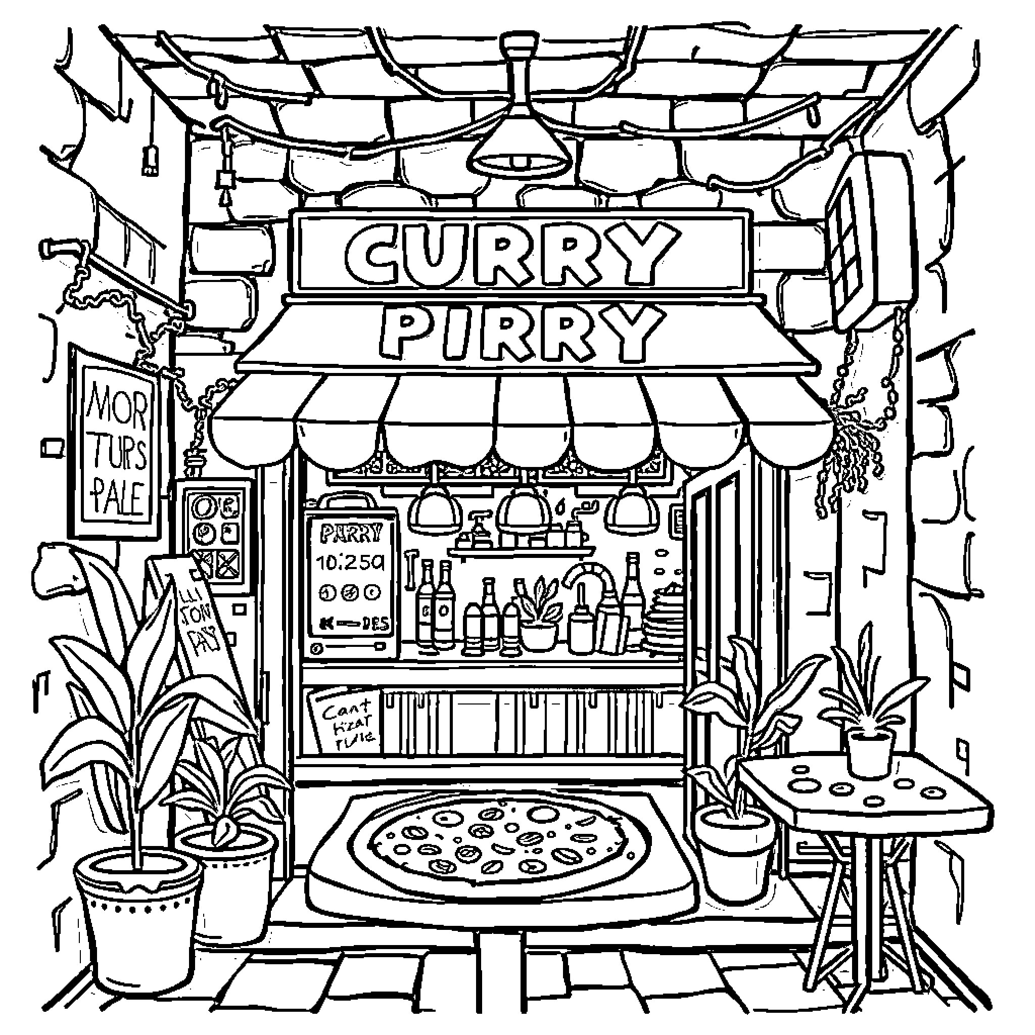 Pizza shop selling curry treats with colorful decor Coloring Page (free black-and-white line drawing printable PDF for all, from beginners to advanced learners, including children, teens, adults, and seniors)