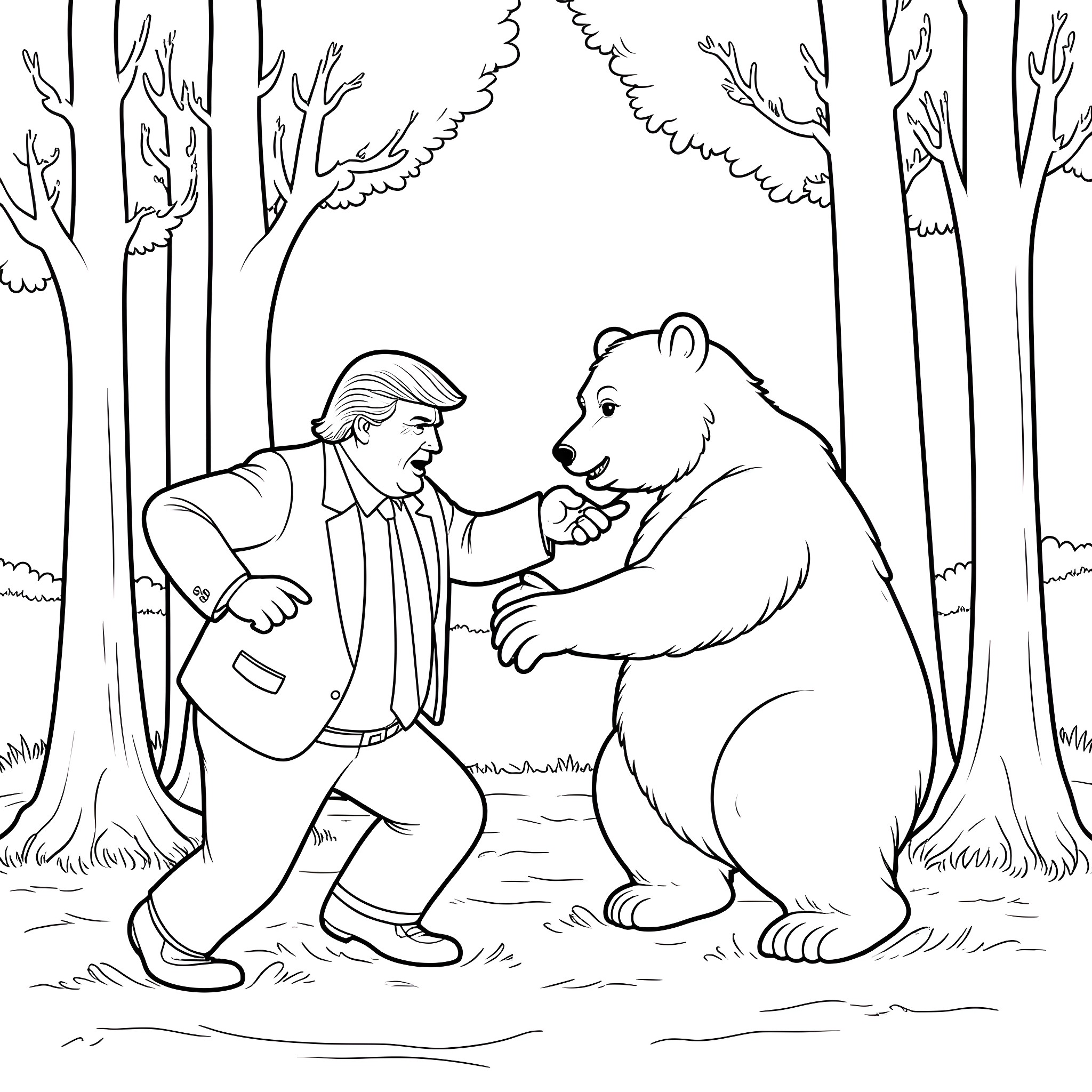 Trump confronting a large bear in the forest Coloring Page (free black-and-white line drawing printable PDF for all, from beginners to advanced learners, including children, teens, adults, and seniors)