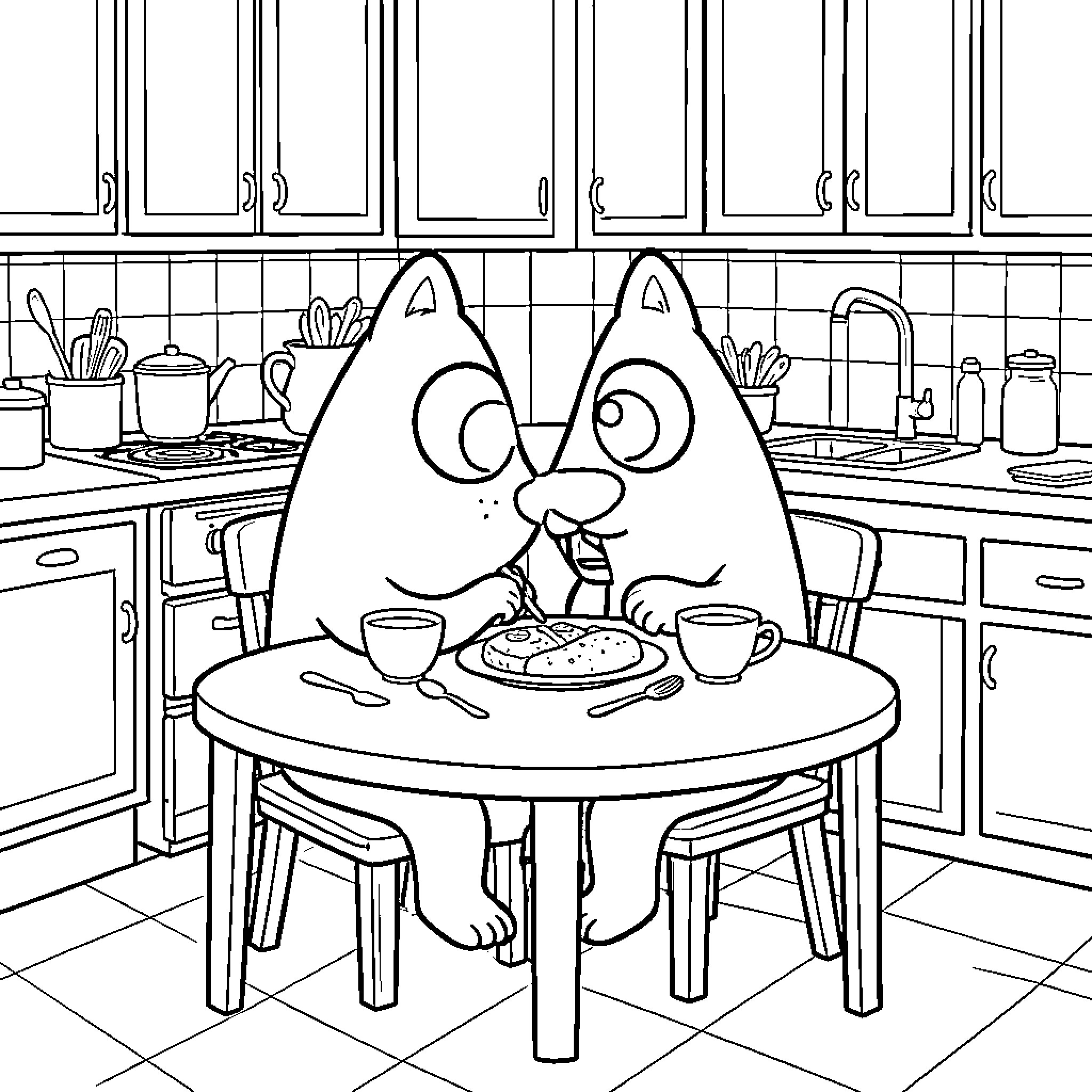 Bluey characters eating breakfast together at a kitchen table Coloring Page (free black-and-white line drawing printable PDF for all, from beginners to advanced learners, including children, teens, adults, and seniors)