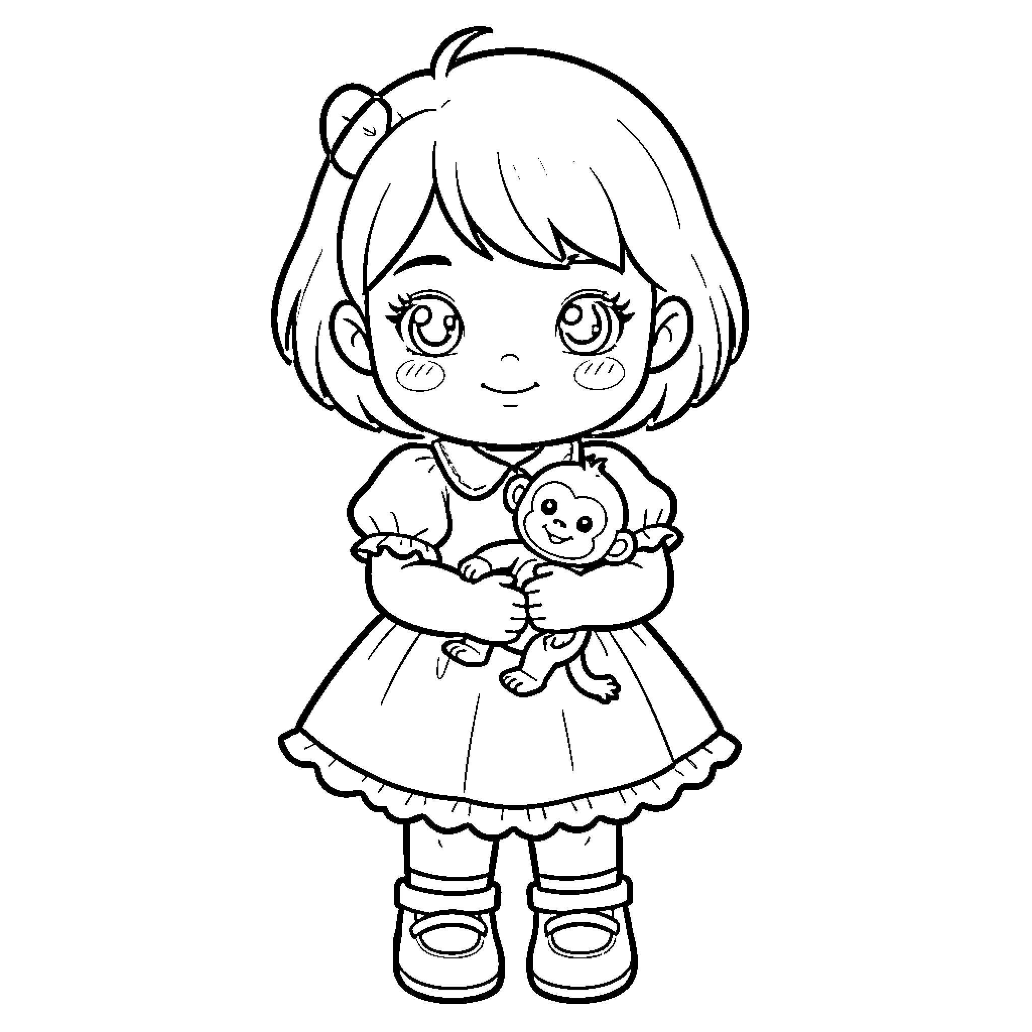 Doll holding a cute plush toy Coloring Page (free black-and-white line drawing printable PDF for all, from beginners to advanced learners, including children, teens, adults, and seniors)