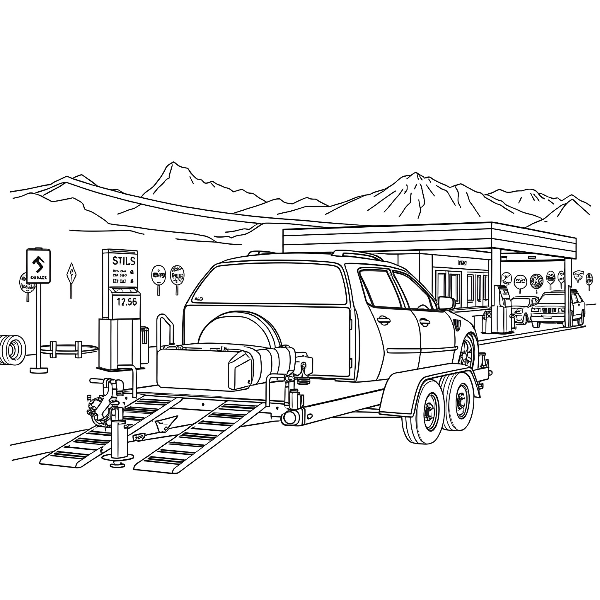 Car Trailer Transporting Vehicle on the Highway Coloring Page (free black-and-white line drawing printable PDF for all, from beginners to advanced learners, including children, teens, adults, and seniors)
