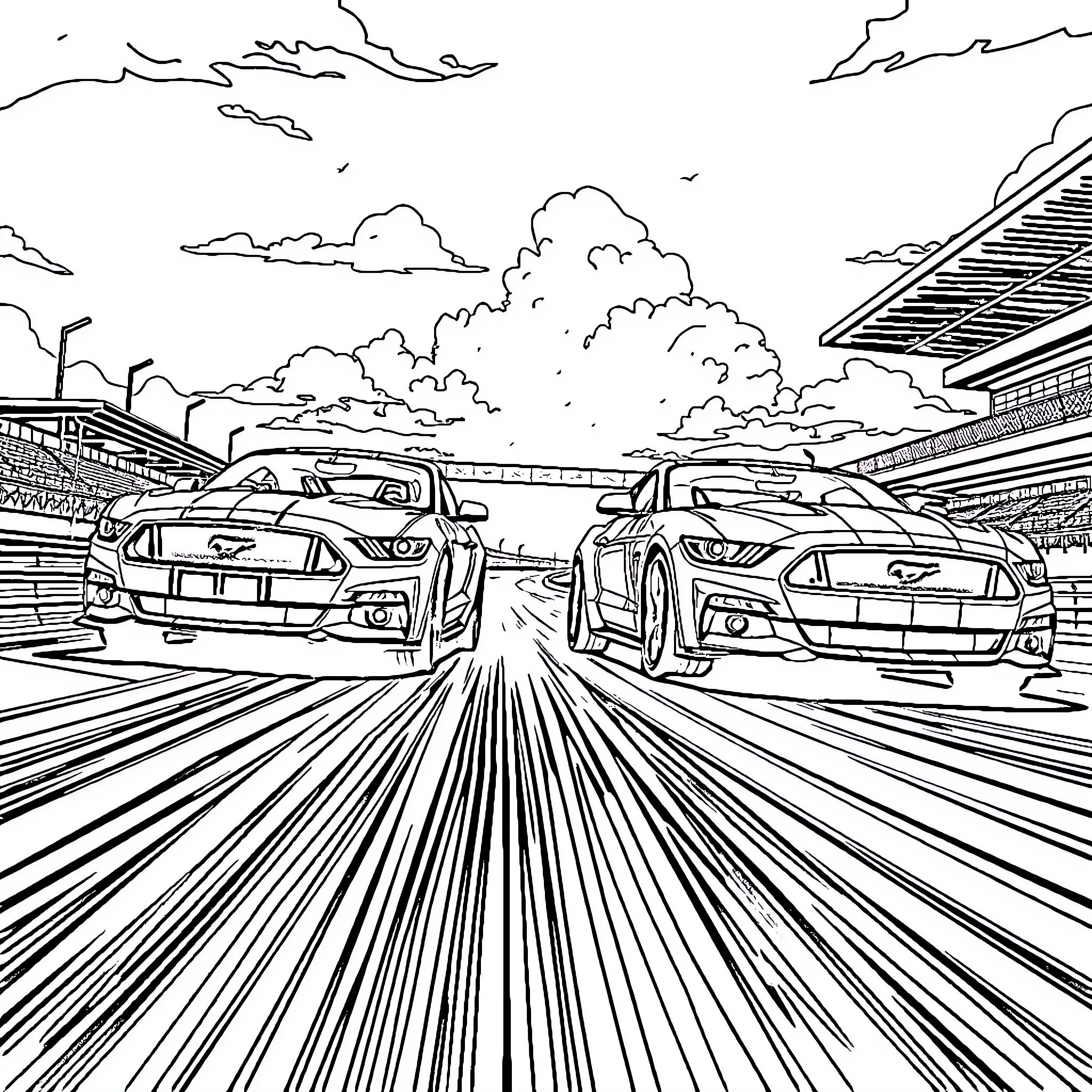 Mustang racecars speeding on the track Coloring Page (free black-and-white line drawing printable PDF for all, from beginners to advanced learners, including children, teens, adults, and seniors)