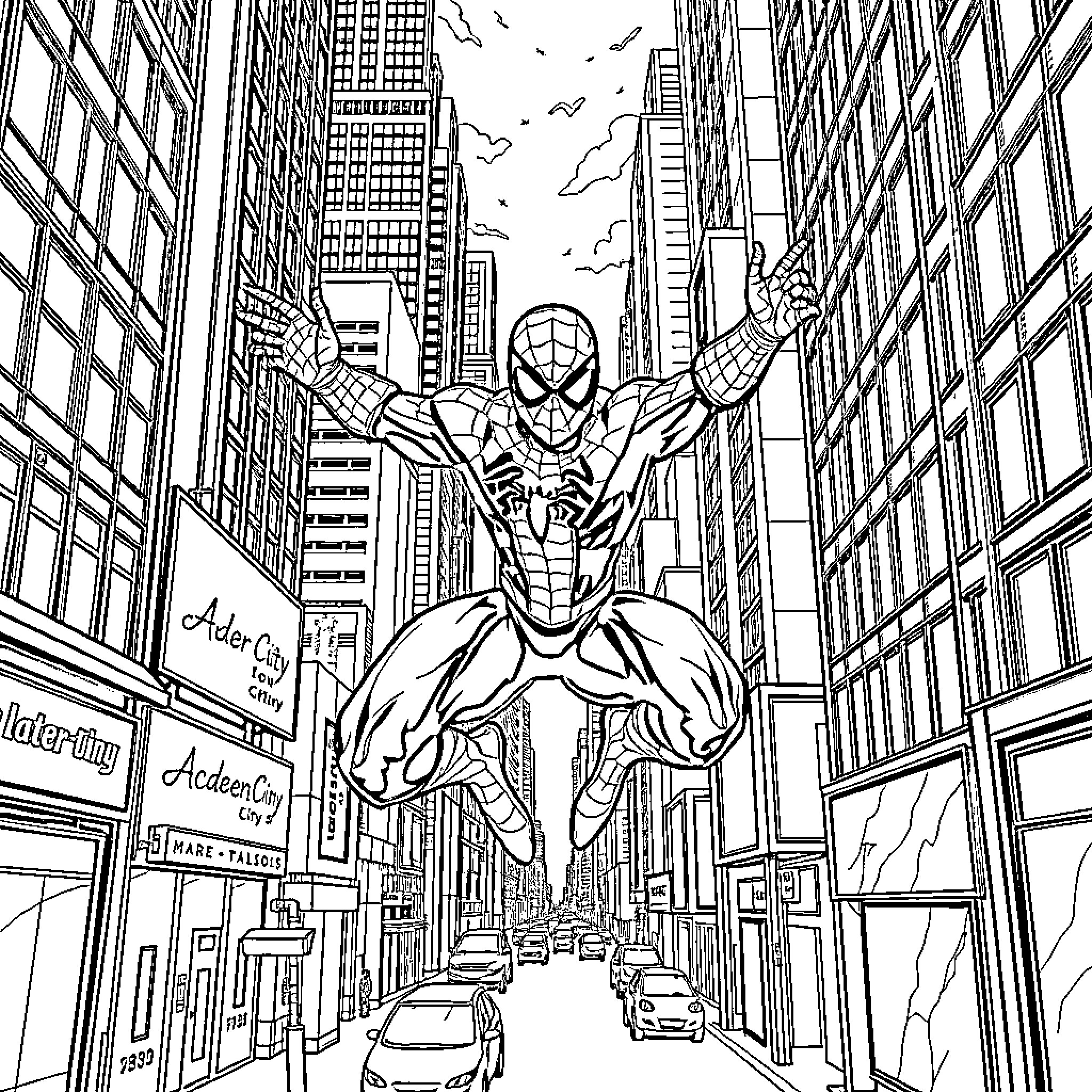 Spiderman swinging through the bustling city streets Coloring Page (free black-and-white line drawing printable PDF for all, from beginners to advanced learners, including children, teens, adults, and seniors)