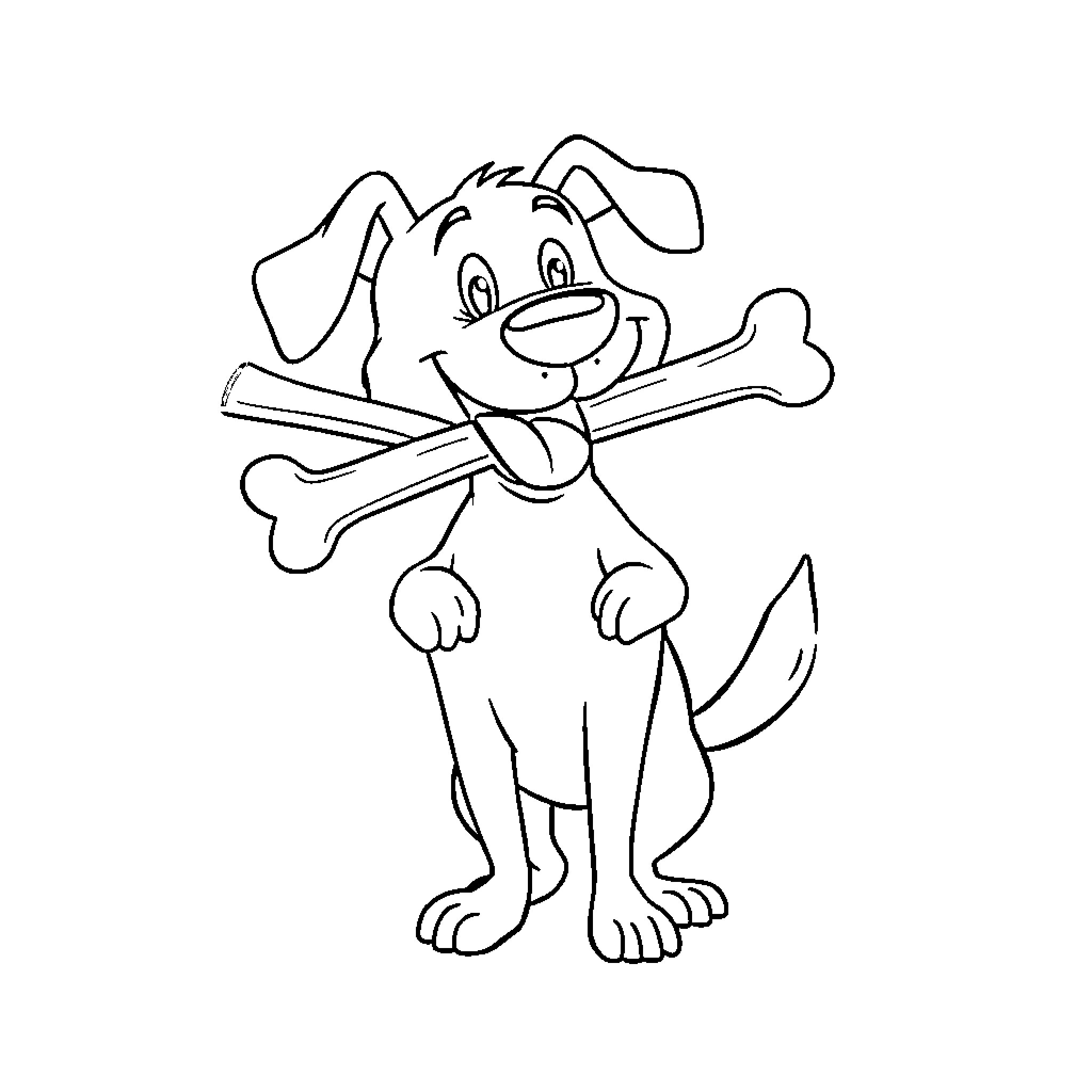 Dog Holding a Bone Happily Coloring Page (free black-and-white line drawing printable PDF for all, from beginners to advanced learners, including children, teens, adults, and seniors)