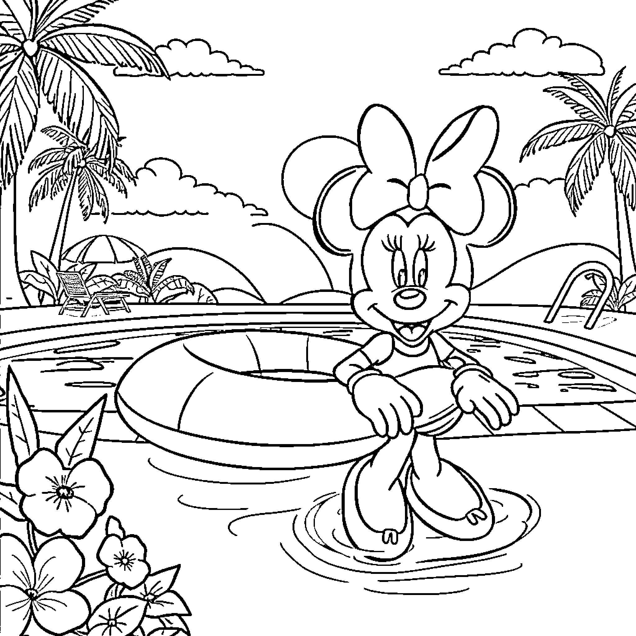 Minnie relaxing in tropical paradise Coloring Page (free black-and-white line drawing printable PDF for all, from beginners to advanced learners, including children, teens, adults, and seniors)