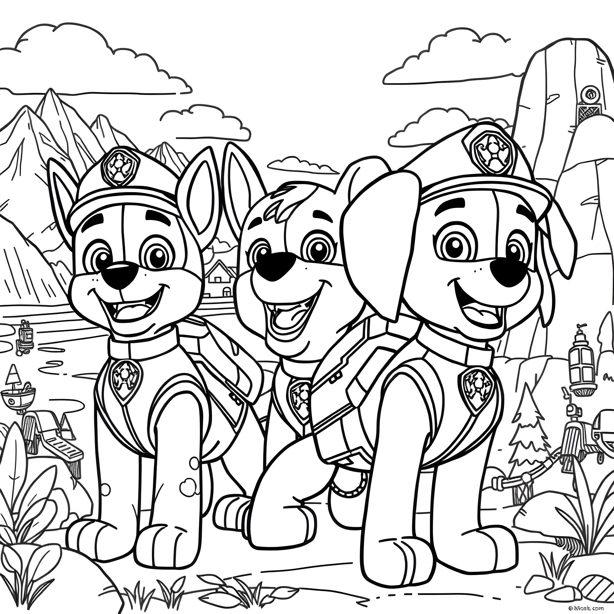 Paw Patrol Characters in Outdoor Adventure Coloring Page (free black-and-white line drawing printable PDF for all, from beginners to advanced learners, including children, teens, adults, and seniors)