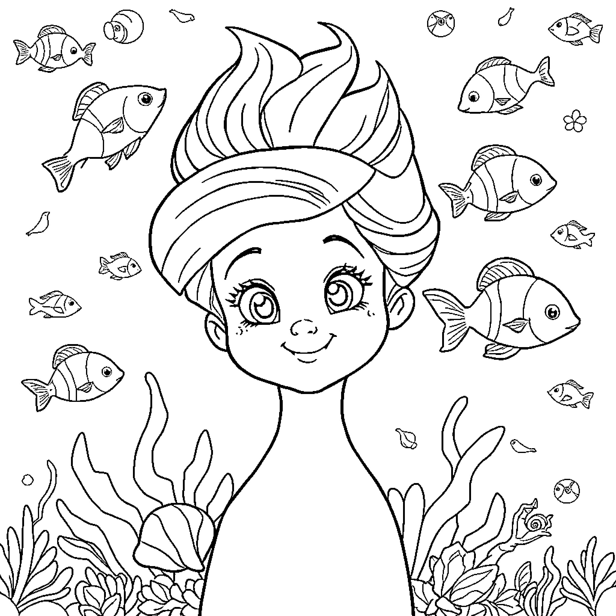 Mermaid exploring the underwater world Coloring Page (free black-and-white line drawing printable PDF for all, from beginners to advanced learners, including children, teens, adults, and seniors)