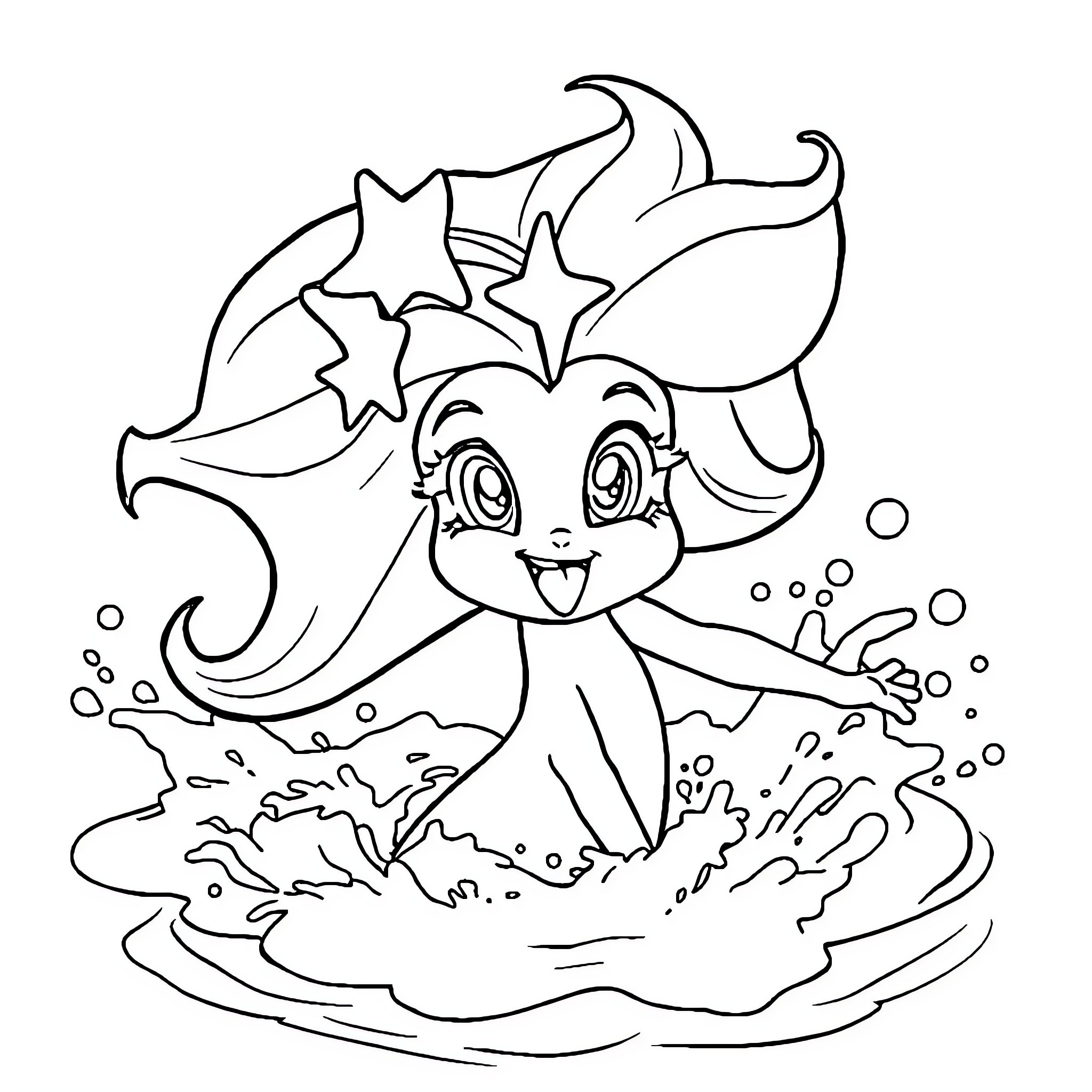 Starfire creature frolicking in bubbles and waves Coloring Page (free black-and-white line drawing printable PDF for all, from beginners to advanced learners, including children, teens, adults, and seniors)