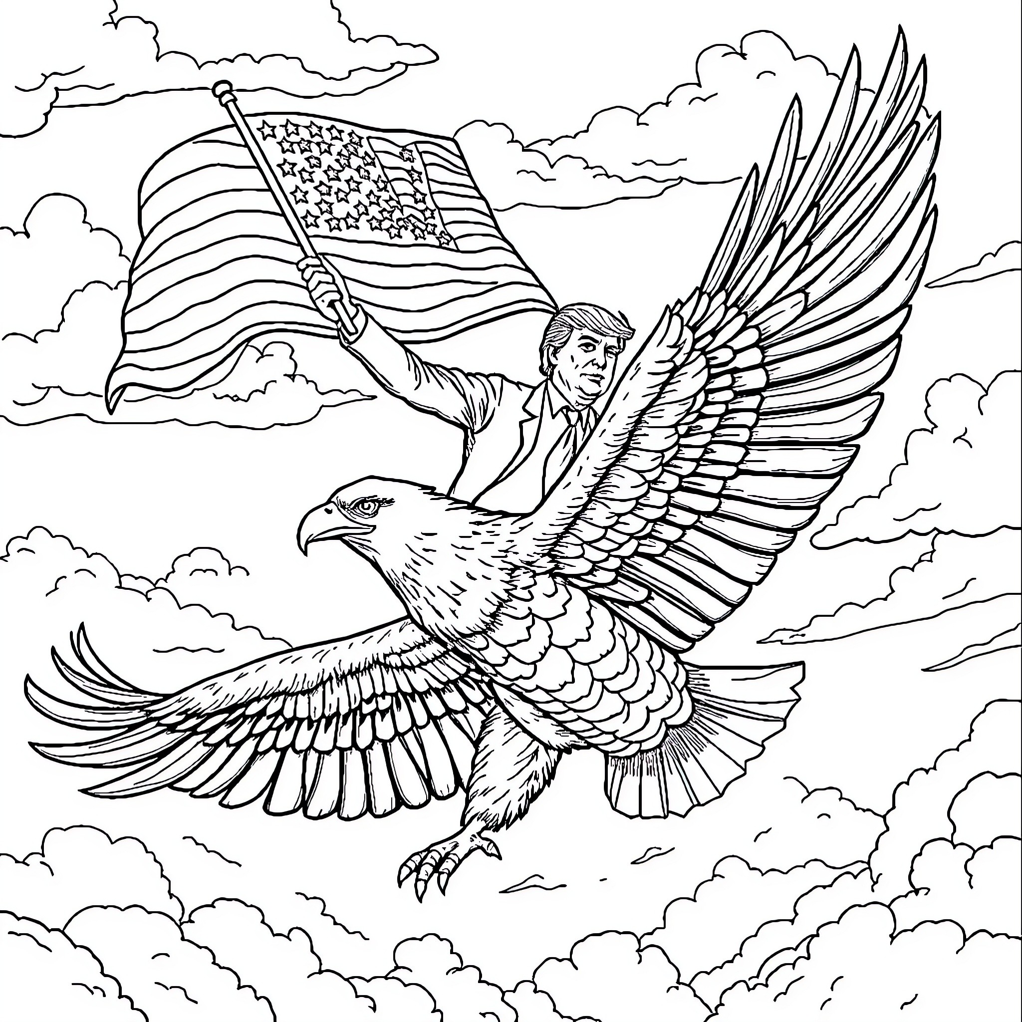 Donald Trump Soaring with Eagle and American Flag Coloring Page (free black-and-white line drawing printable PDF for all, from beginners to advanced learners, including children, teens, adults, and seniors)
