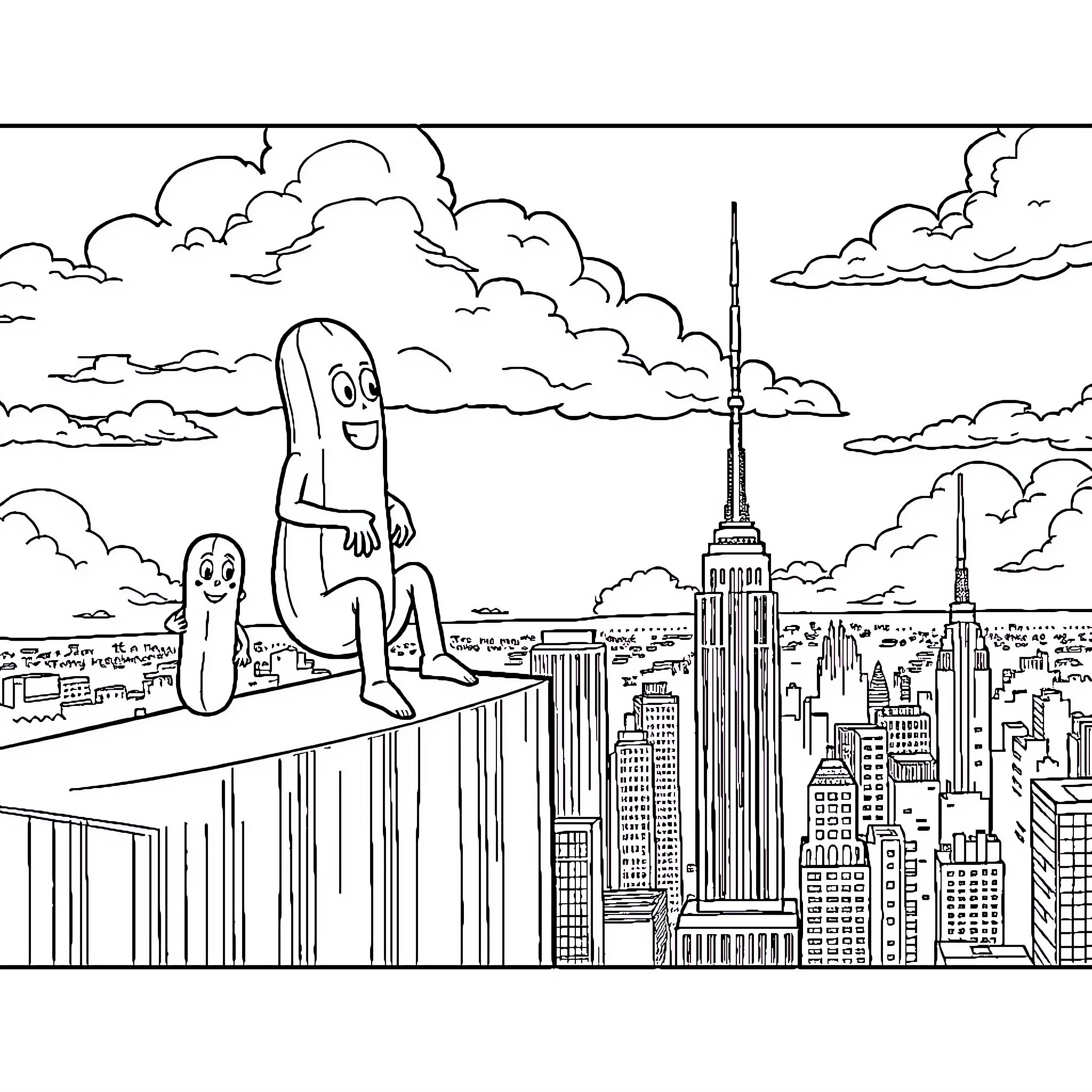 Pickle Man exploring the city skyline Coloring Page (free black-and-white line drawing printable PDF for all, from beginners to advanced learners, including children, teens, adults, and seniors)