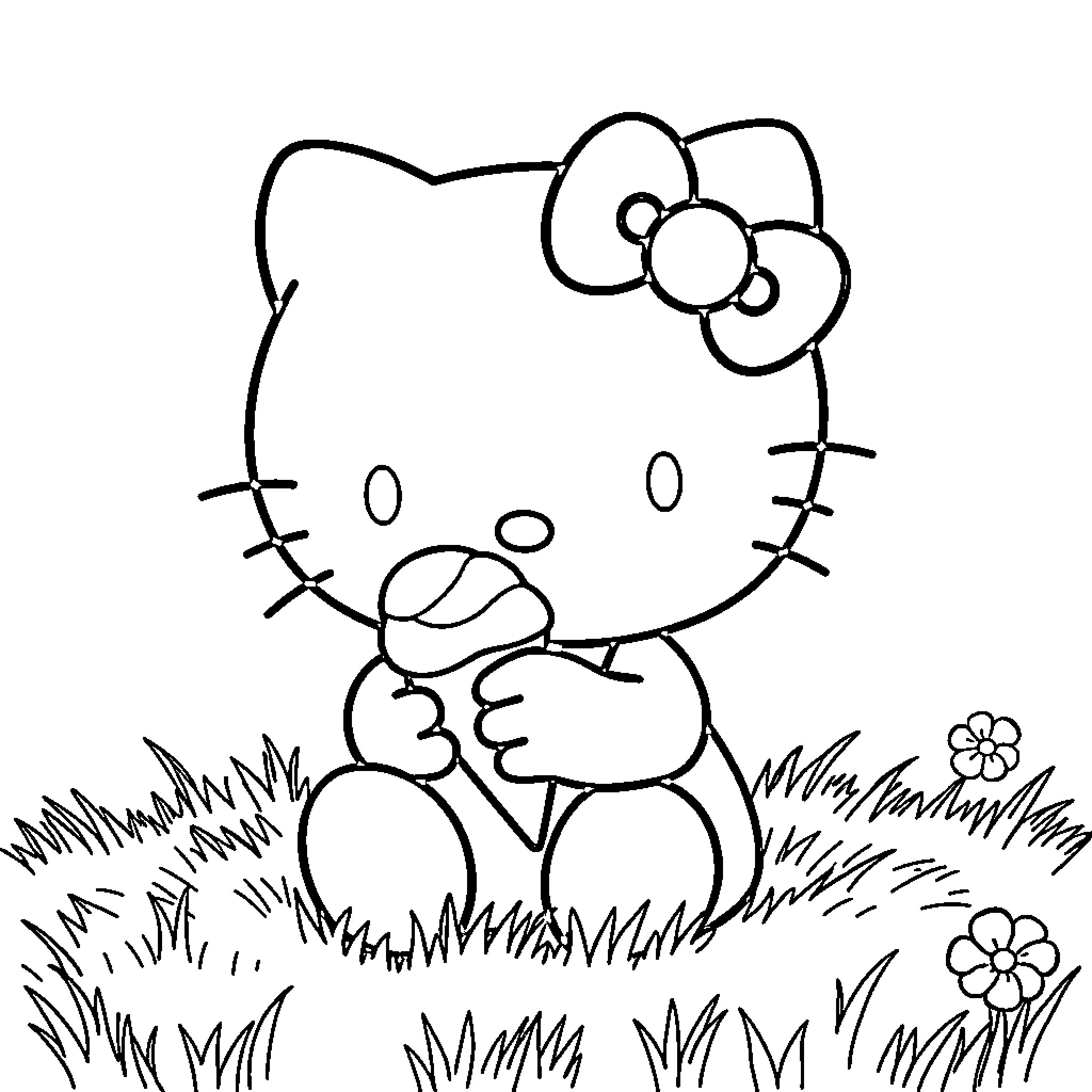 Hello Kitty playing in the grass Coloring Page (free black-and-white line drawing printable PDF for all, from beginners to advanced learners, including children, teens, adults, and seniors)