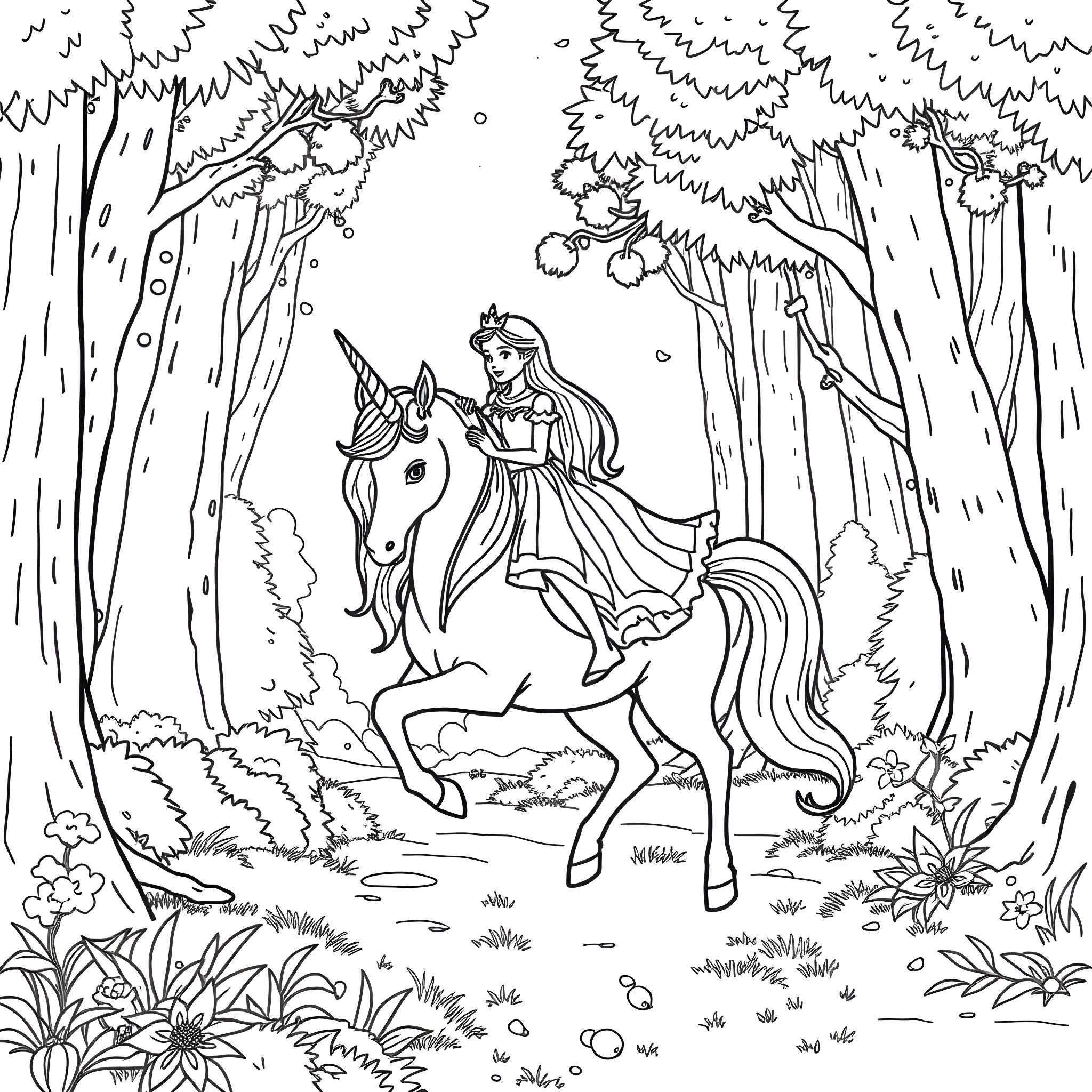 Princess riding a magical unicorn in the enchanted forest Coloring Page (free black-and-white line drawing printable PDF for all, from beginners to advanced learners, including children, teens, adults, and seniors)