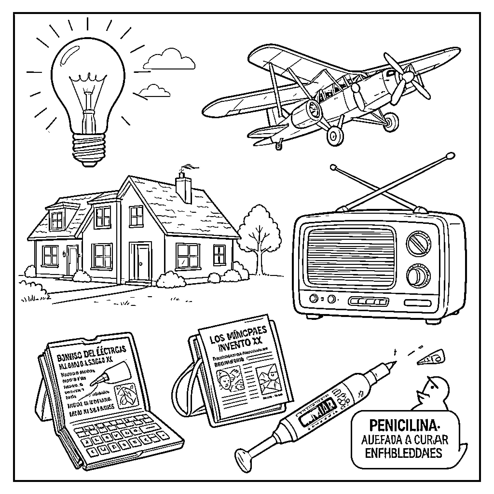 Invention of modern home and technology Coloring Page (free black-and-white line drawing printable PDF for all, from beginners to advanced learners, including children, teens, adults, and seniors)