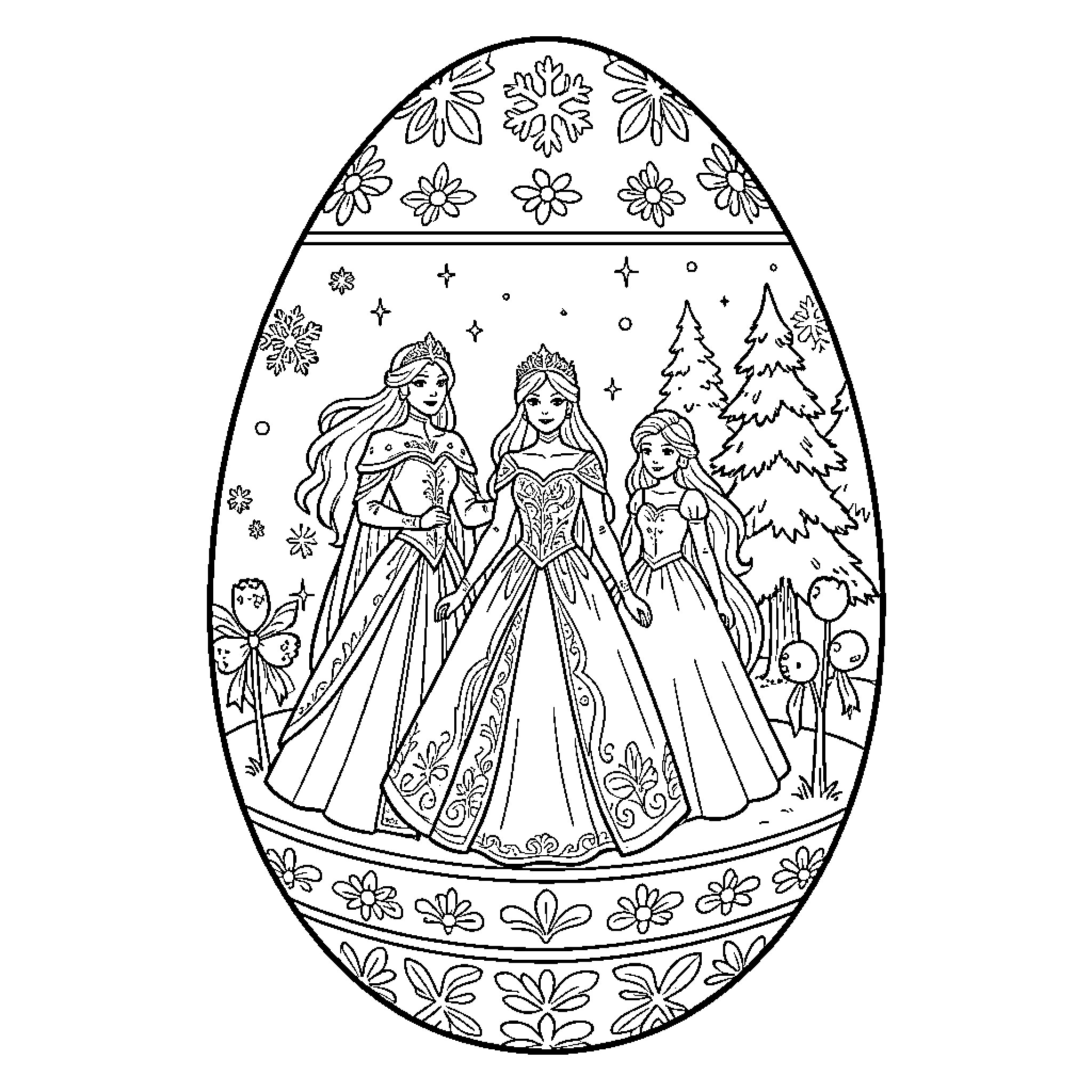 Snow Queen and her Royal Court in Winter Wonderland Coloring Page (free black-and-white line drawing printable PDF for all, from beginners to advanced learners, including children, teens, adults, and seniors)