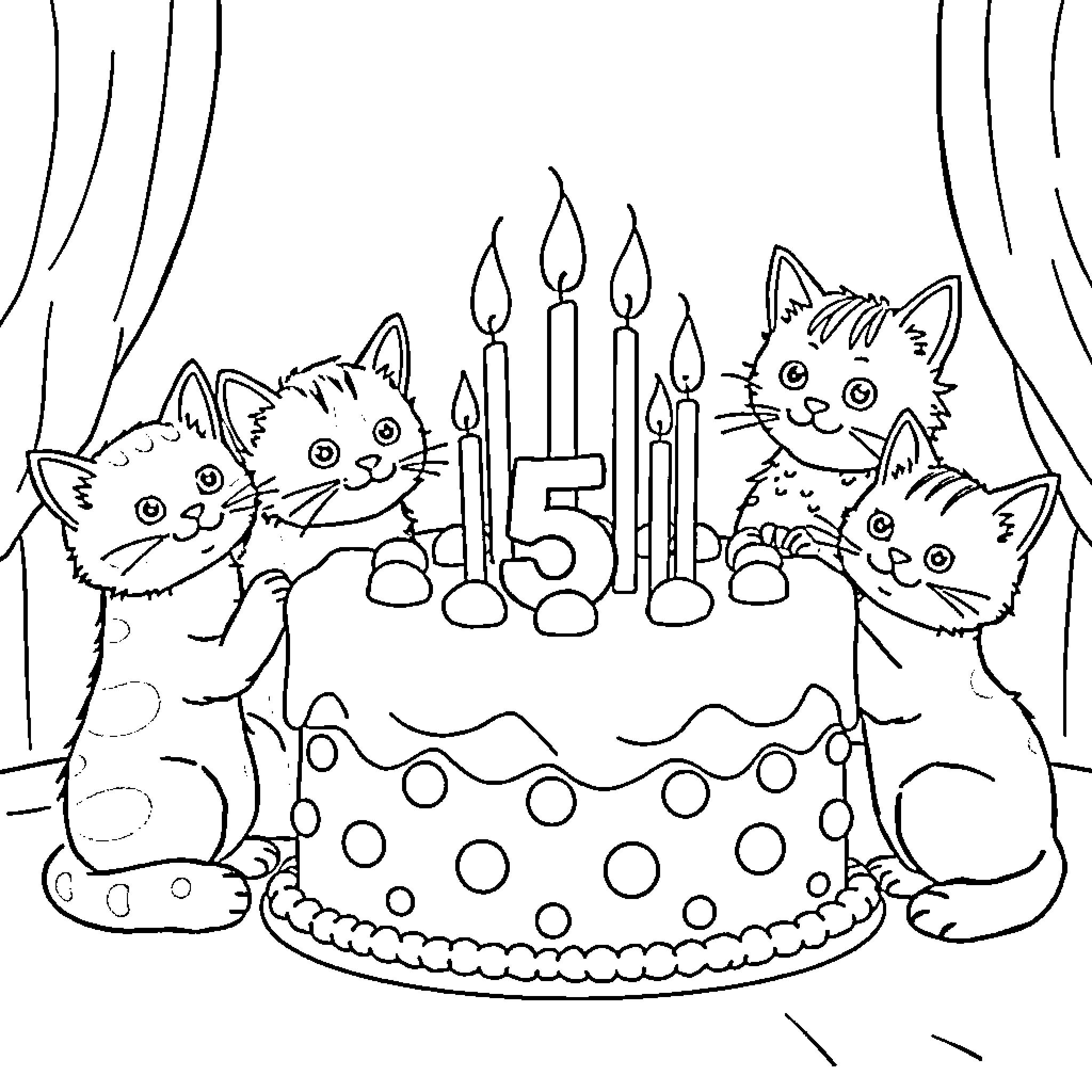 Cat Birthday Celebration with Cake and Candles Coloring Page (free black-and-white line drawing printable PDF for all, from beginners to advanced learners, including children, teens, adults, and seniors)