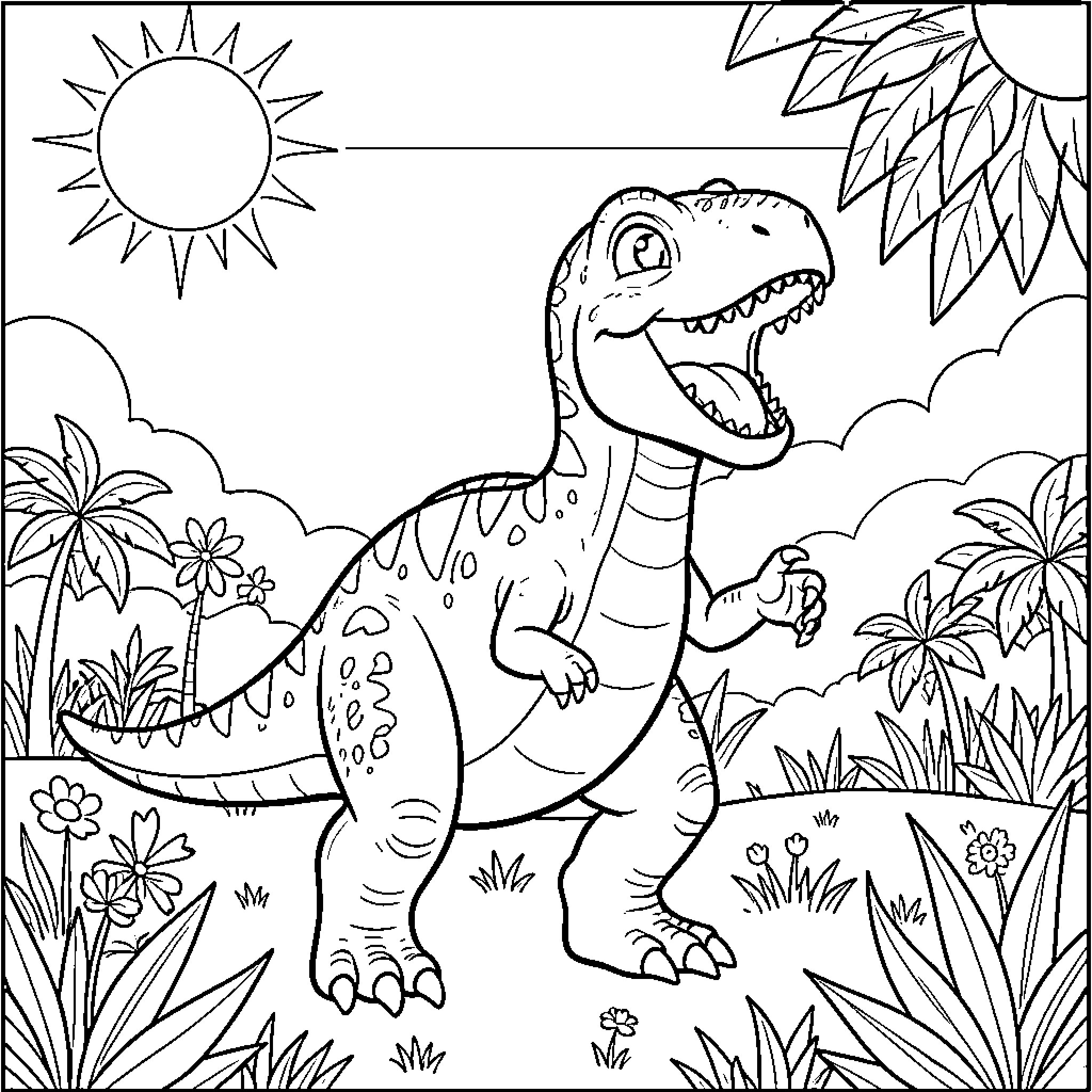 Dinosaur roaring happily in a lush jungle landscape Coloring Page (free black-and-white line drawing printable PDF for all, from beginners to advanced learners, including children, teens, adults, and seniors)