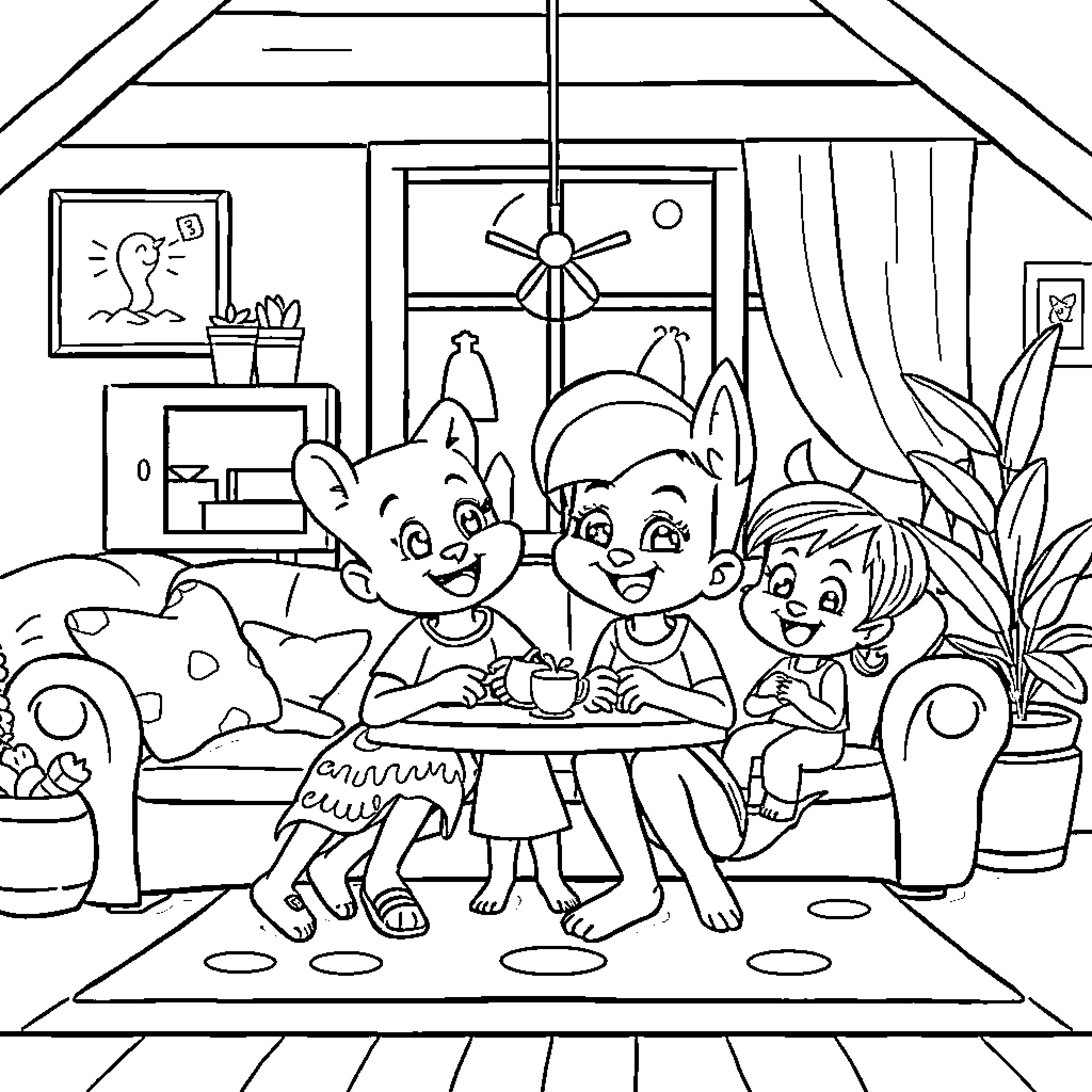 Bluey and family playing together at home Coloring Page (free black-and-white line drawing printable PDF for all, from beginners to advanced learners, including children, teens, adults, and seniors)