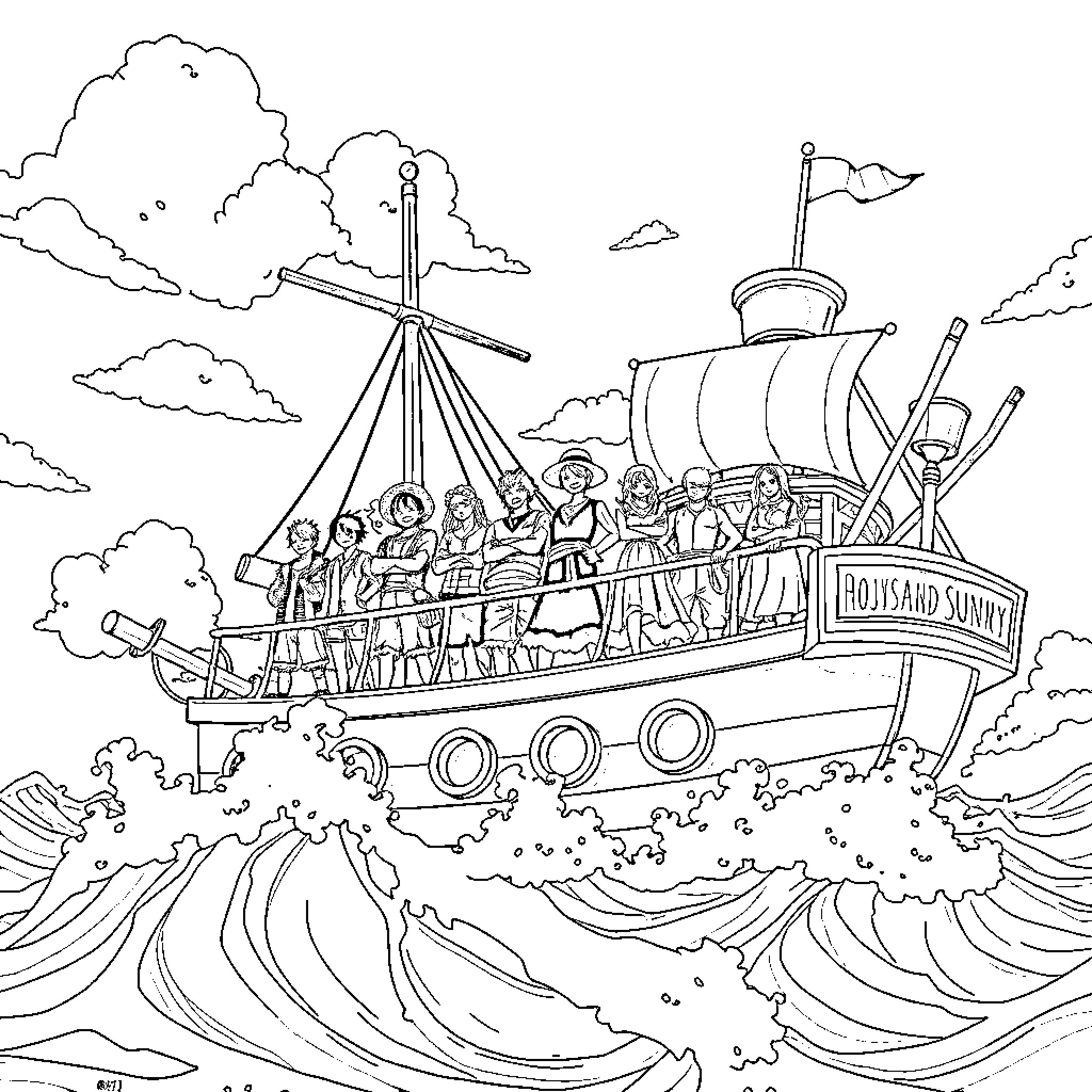 One Piece Crew Sailing on a Pirate Ship Coloring Page (free black-and-white line drawing printable PDF for all, from beginners to advanced learners, including children, teens, adults, and seniors)