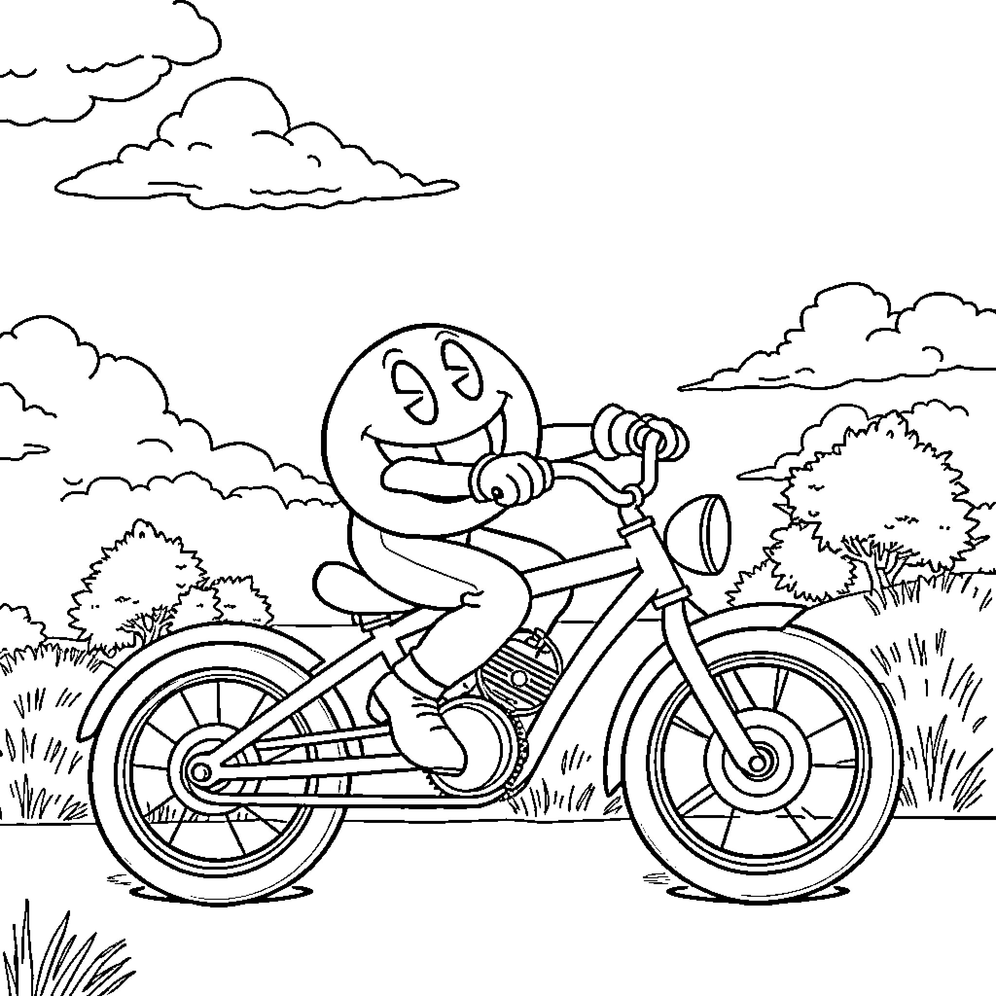 Pac-Man enjoying a bicycle ride through the countryside Coloring Page (free black-and-white line drawing printable PDF for all, from beginners to advanced learners, including children, teens, adults, and seniors)