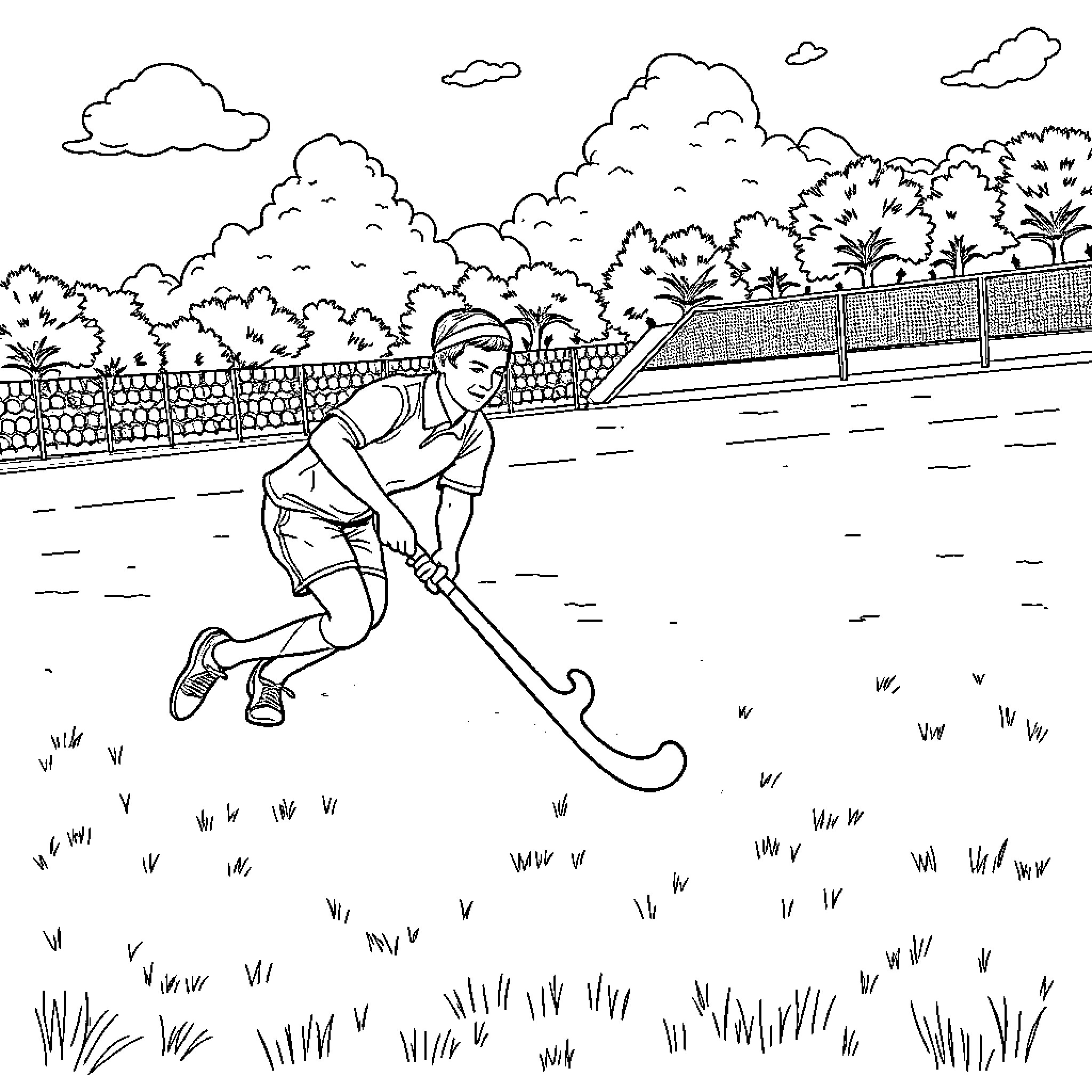 Pandipat's Outdoor Field Hockey Adventure Coloring Page (free black-and-white line drawing printable PDF for all, from beginners to advanced learners, including children, teens, adults, and seniors)