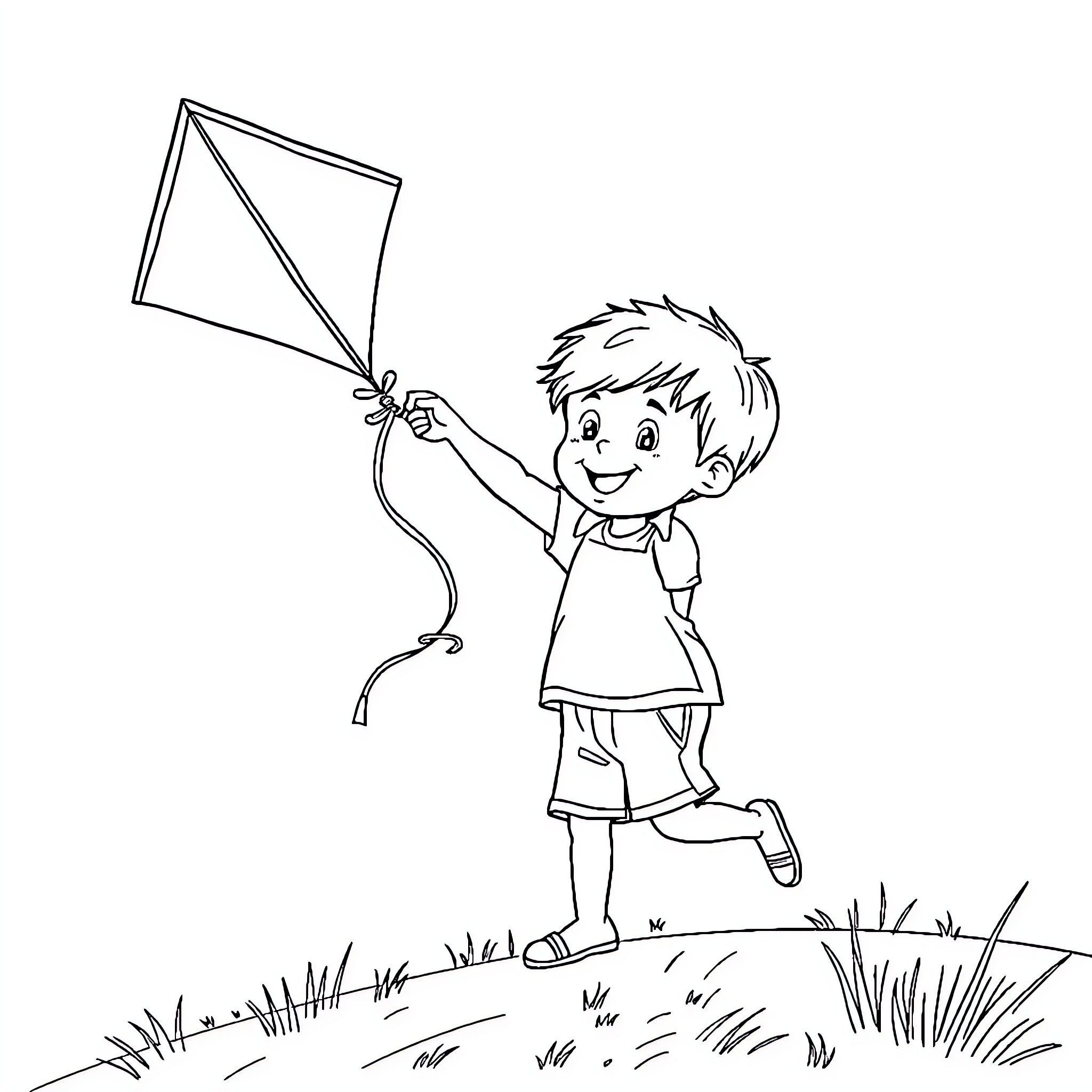 Kite flying joyfully on a grassy field Coloring Page (free black-and-white line drawing printable PDF for all, from beginners to advanced learners, including children, teens, adults, and seniors)