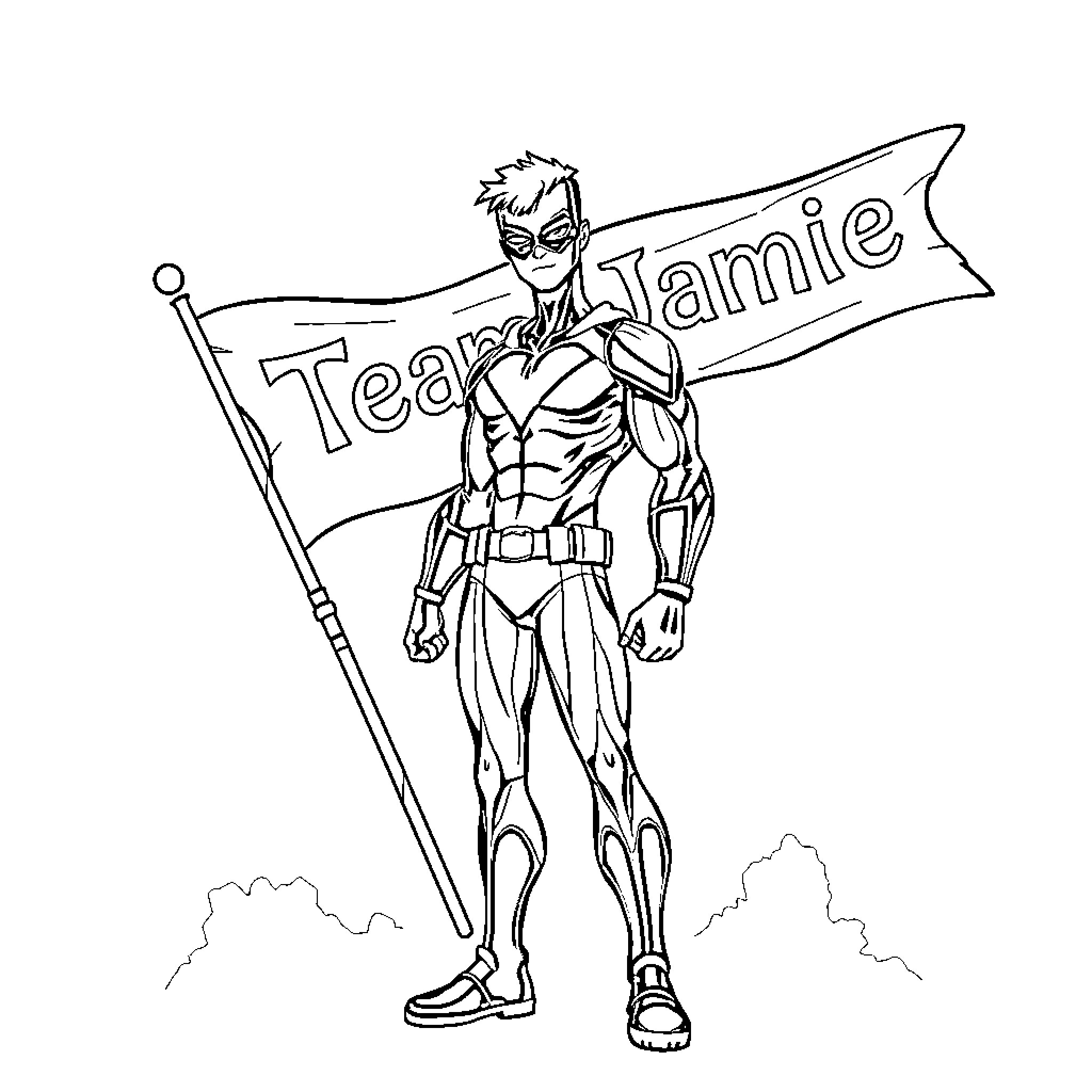 Nightwing heroically waving a banner Coloring Page (free black-and-white line drawing printable PDF for all, from beginners to advanced learners, including children, teens, adults, and seniors)