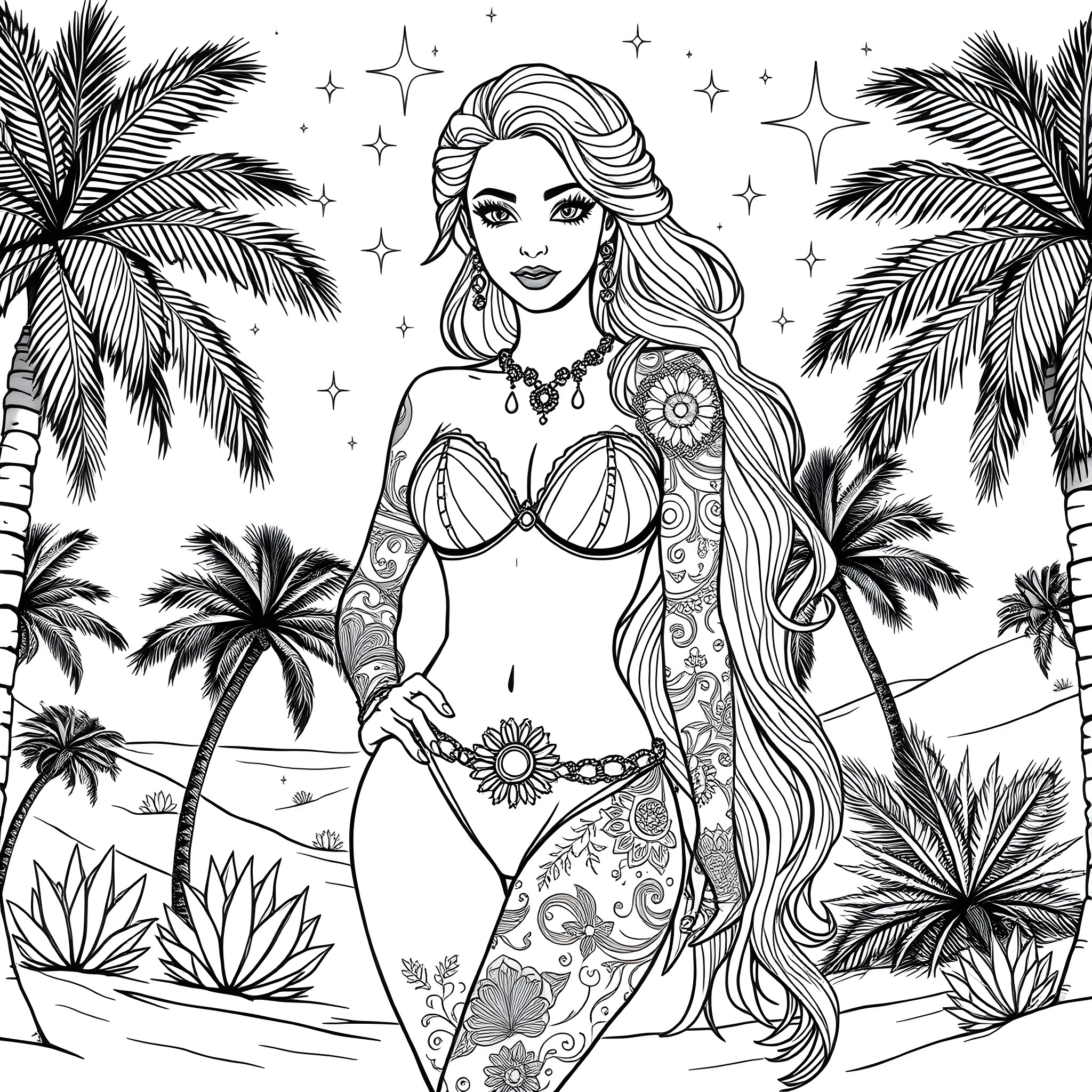 Princess in Tropical Beach Paradise Coloring Page (free black-and-white line drawing printable PDF for all, from beginners to advanced learners, including children, teens, adults, and seniors)